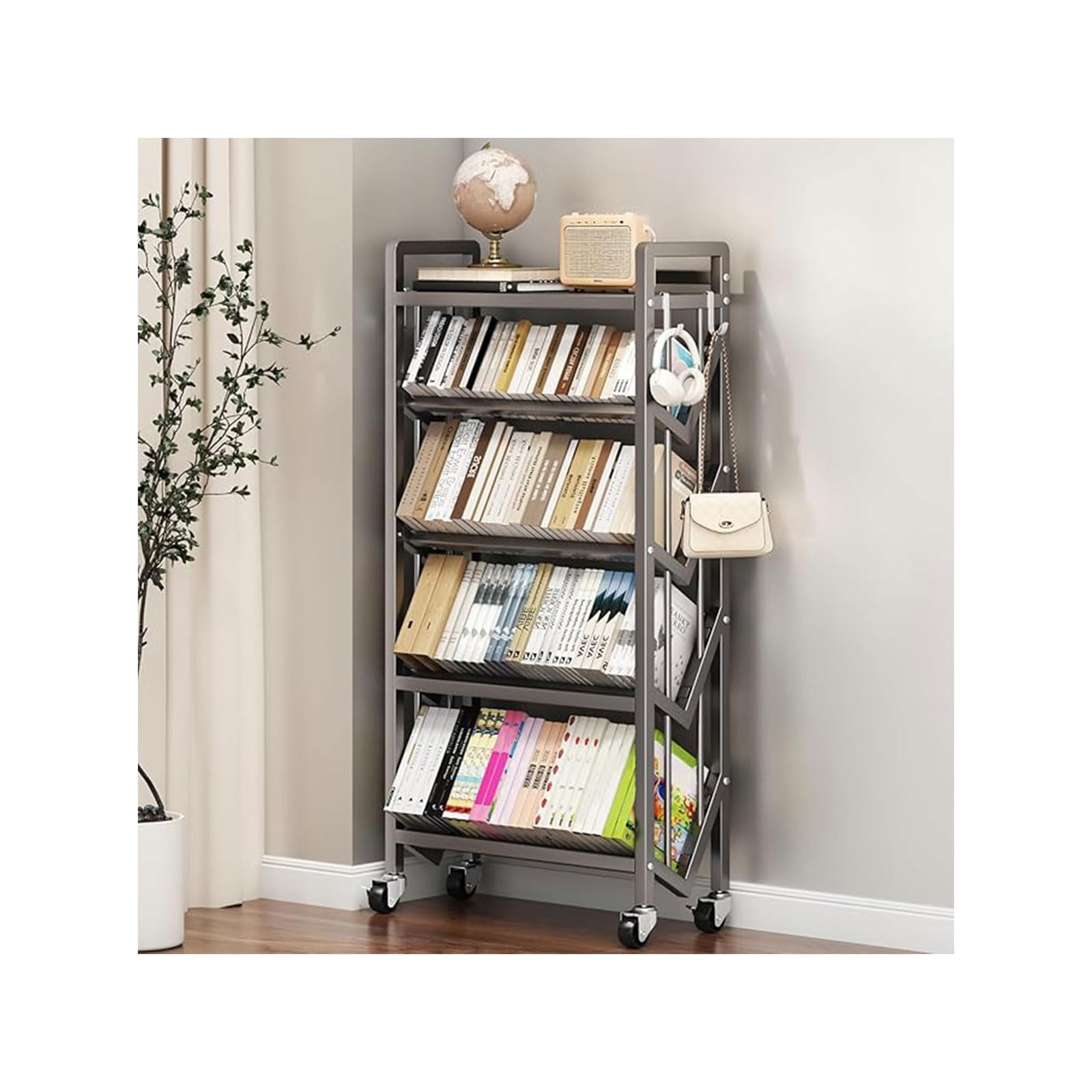Book Carts with Wheels, Library Rolling Book Cart 2/3/4/5 Tier Movable Bookshelf Mobile Large Capacity L-Shaped Carbon Steel Organizer Rack for Office, Home, Classroom(Gris,5 Tiers-27.6x9.8x57.7in)