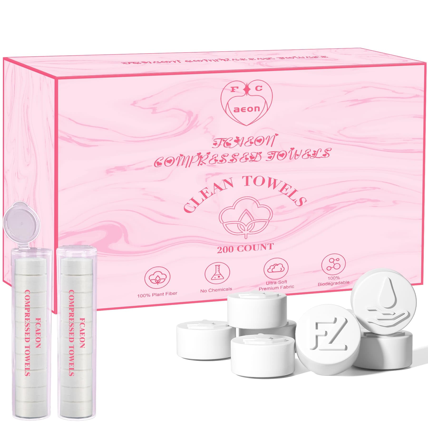 Fcaeon Disposable Face Towel 200 Pcs Compressed Towel Tablets With 2 Dispenser Bottles Gentle Washcloths for Sensitive Skin Facial Cleansing Makeup