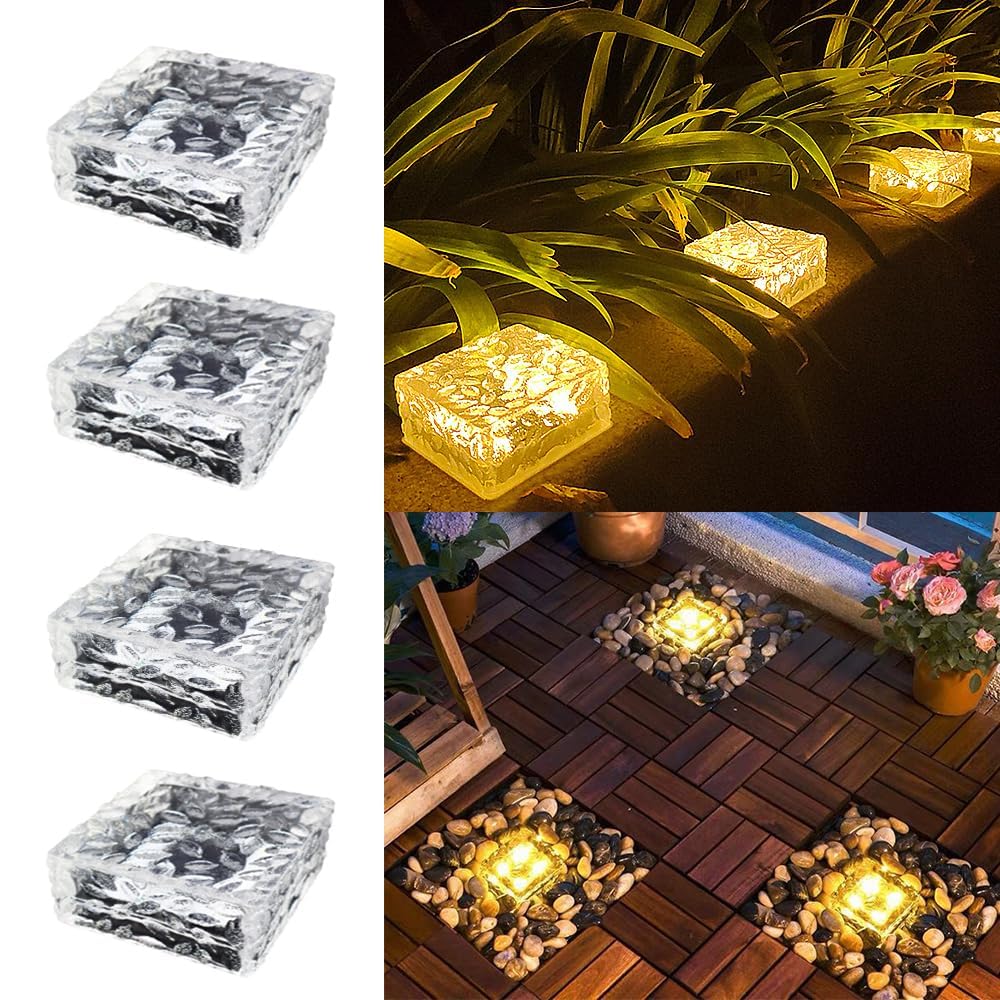 HIQE-FL Luce Solare Del Mattone Luci,4Pcs LED Luce Sepolta Percorso,LED Sepolta Mattone,Luci Solari Da Giardino,Impermeabile,Cortile,Giardino,Terrazza (Bianco caldo)