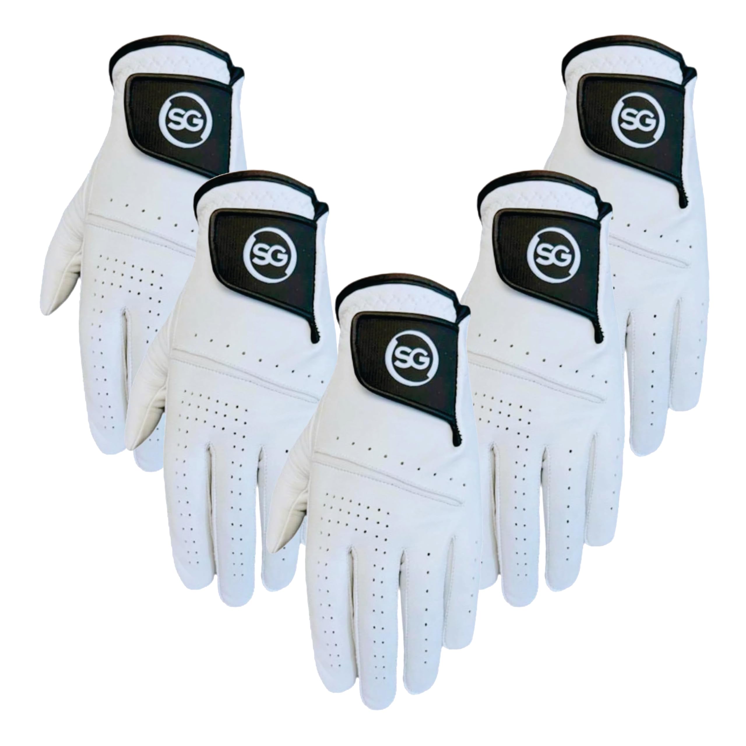 SAGE GEAR (Pack of 5) Men Premium Cabretta Leather Golf Gloves for All Weather Conditions - For Both Left and Right Handed Golfers - Multiple Qty Packs available, To be worn on Right Hand - M-L