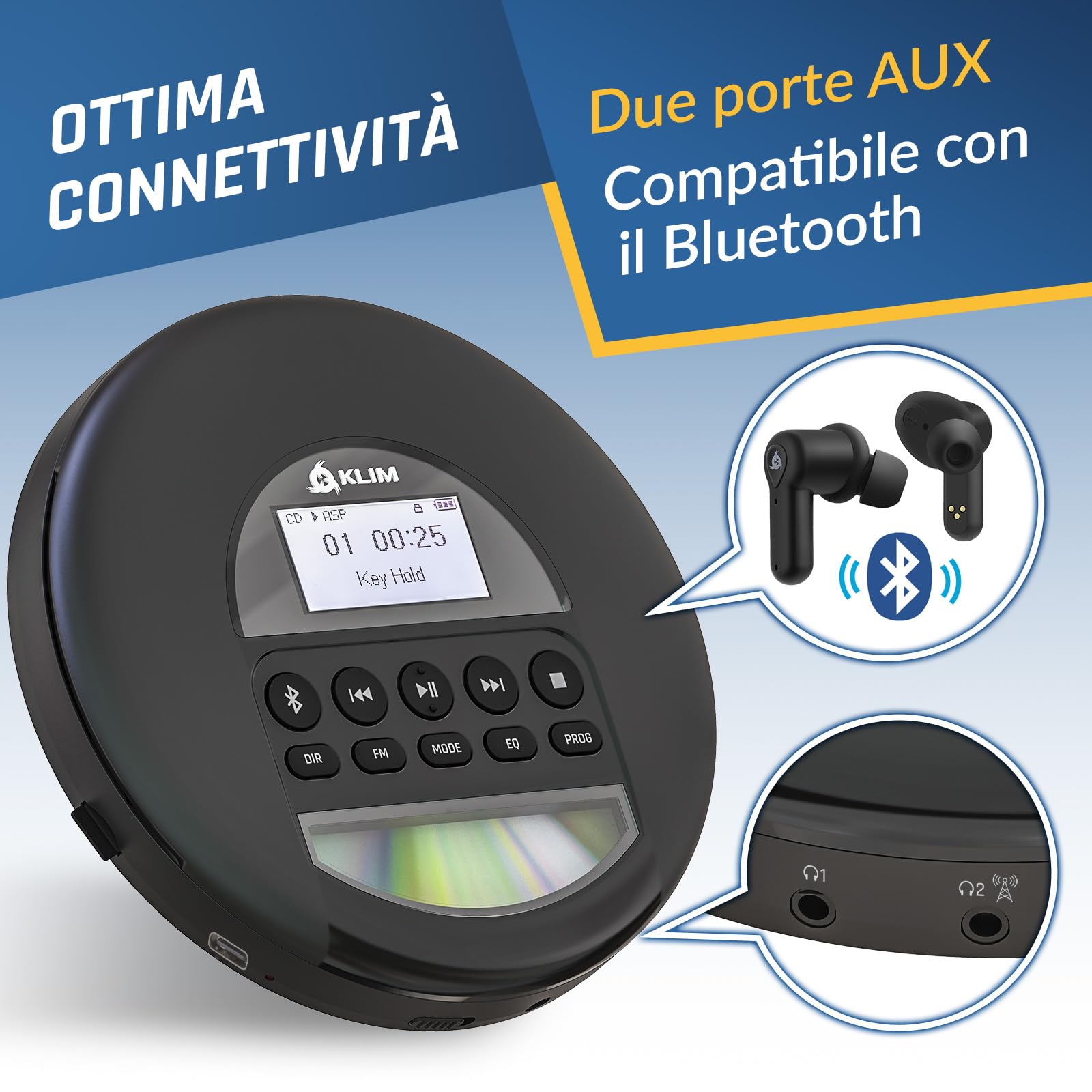 KLIM Nomad - Lettore cd portatile - Batteria a Lunga Durata - Include Auricolari - Compatibile con CD-R, CD-RW, MP3 - Lettore SD, Radio FM, Bluetooth - Ideale per Auto - Hi-Fi - Nuovo