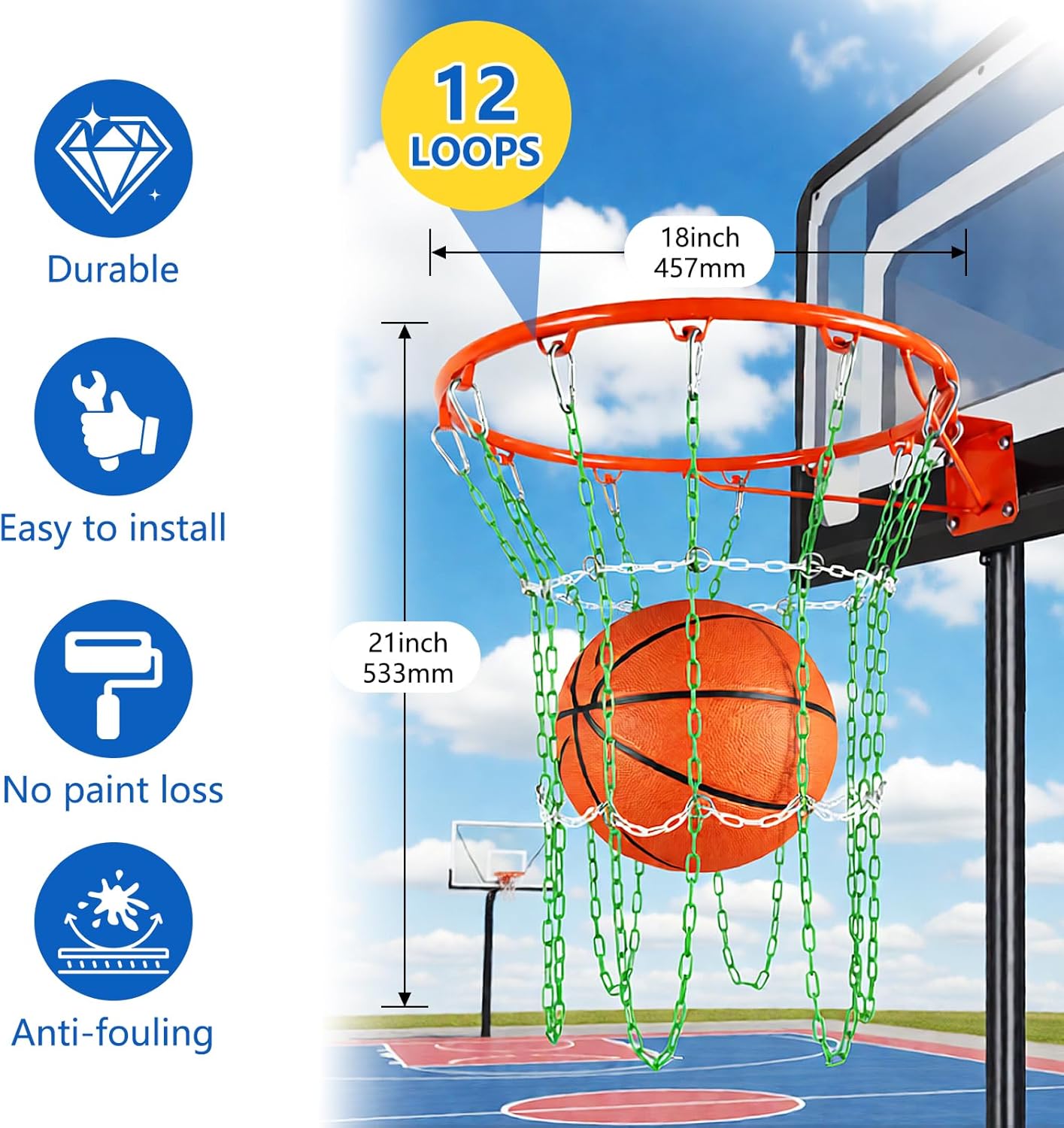 Basketball Net Replacement Heavy Duty, Carbon Steel Chain Basketball Net, Anti-Rust Use Indoor Outdoor Standard 12-Ring Basketball Hoop, Quick Installation,Blue&White