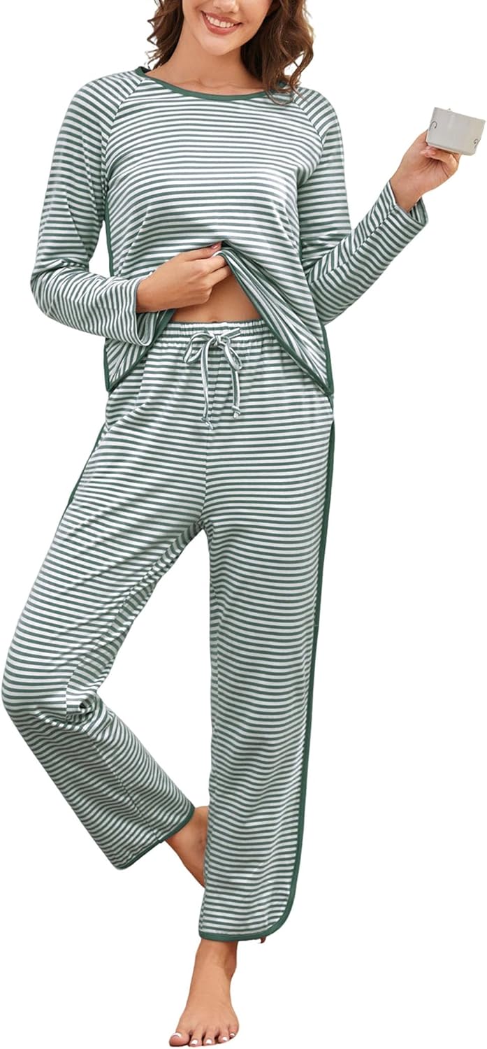 Fysumeoa Womens Cotton Pajama Sets Stripe 2 Piece Lounge Set Long Sleeve Pj Set Comfy Loungewear Sleepwear with Pockets