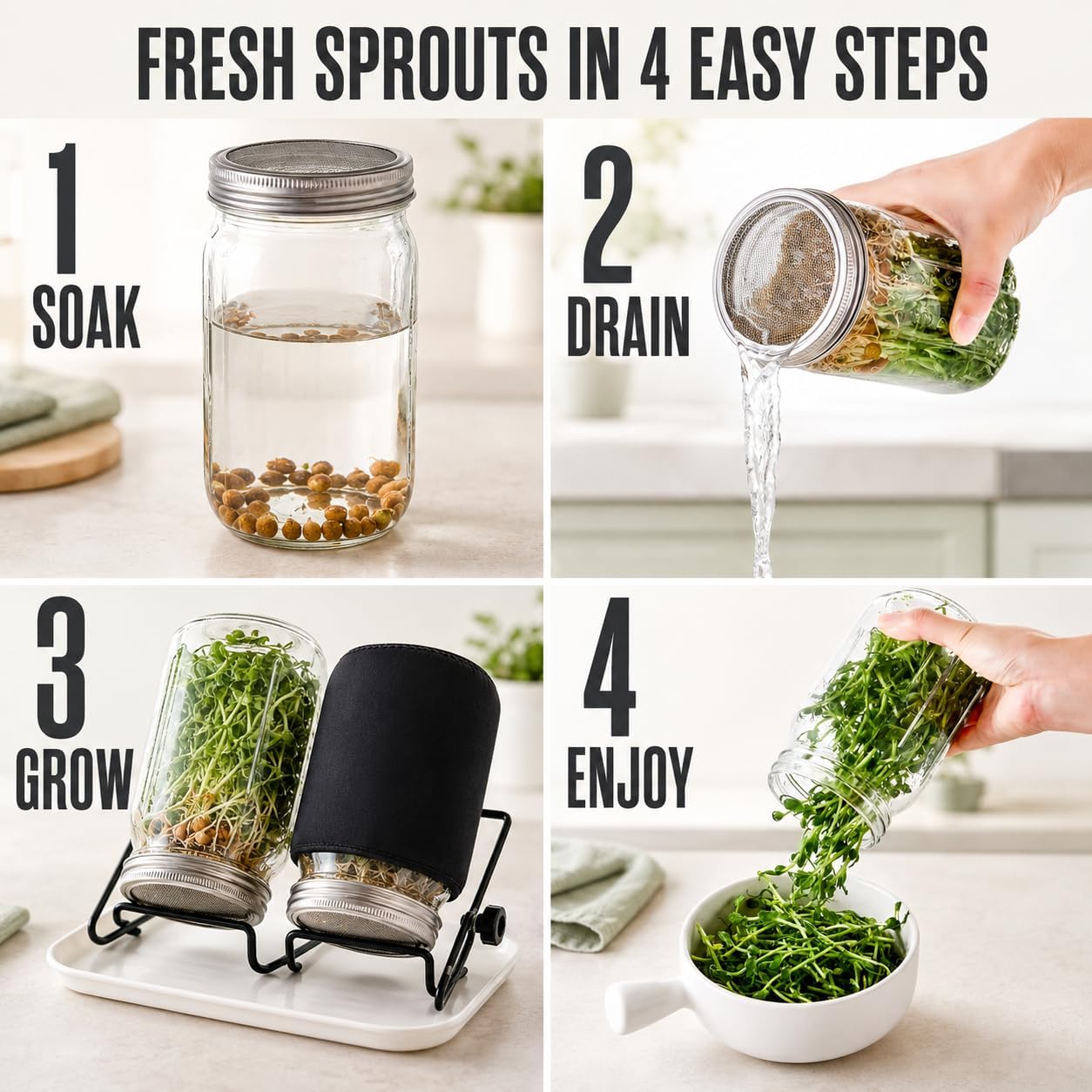 Sprouting Jar Kit, 2-Pack Glass Jars, 33.8 oz with Stainless Steel Mesh Lid