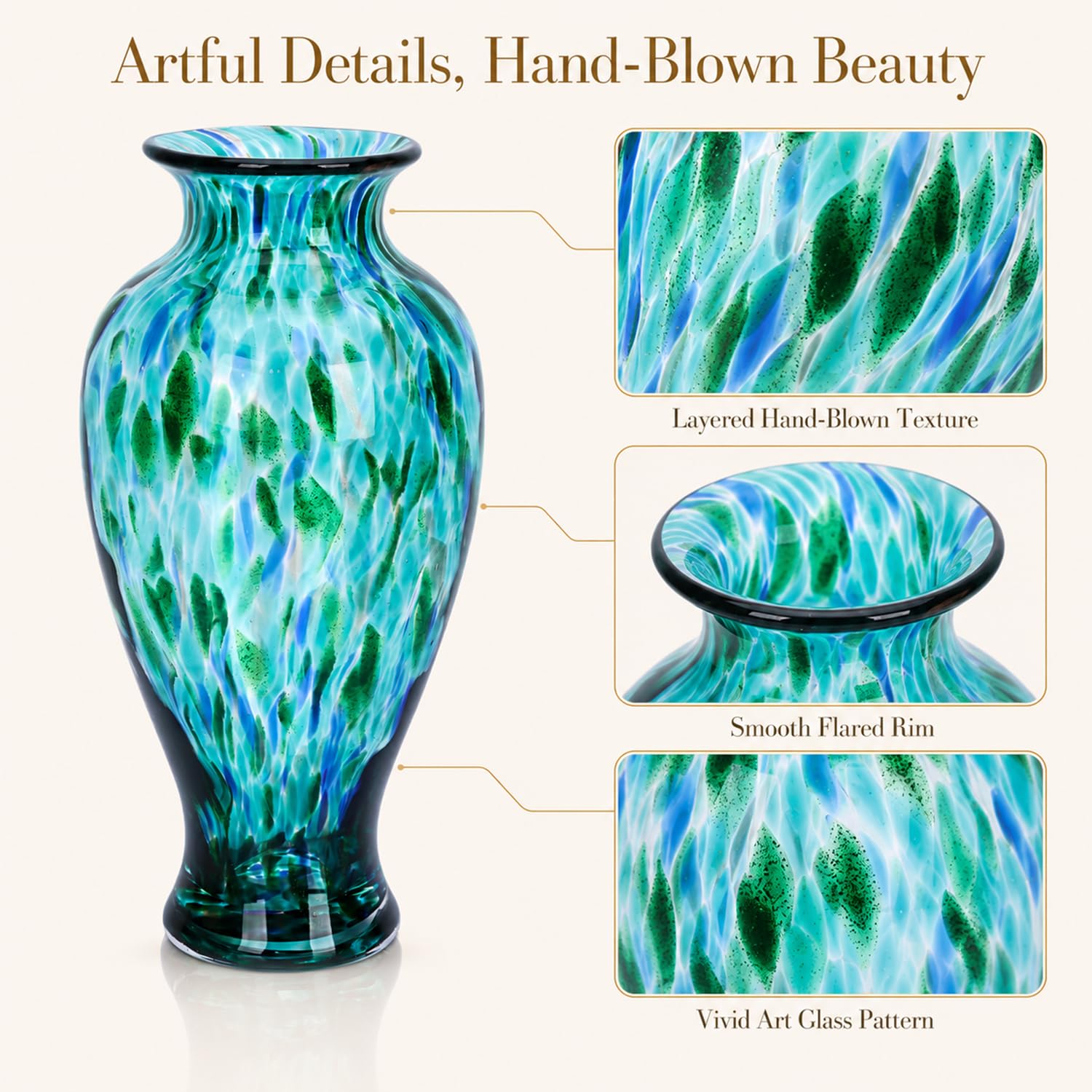 Vaso in vetro soffiato a mano, alto 30 cm, bellissimo vaso turchese a bocca larga per centrotavola, vaso da fiori in vetro di Murano colorato dipinto per – ingresso casa centro matrimoni