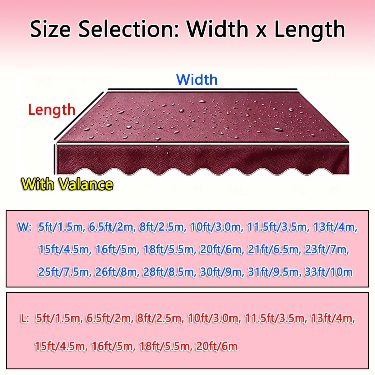 Ersatz Markisentuch Markisenstoff mit Volant Nur Stoff ohne Rahmen Wasserdicht Polyester Balkonmarkisen Canvas Sonnenschutz Unterstand für Hof Deck Balkon Outdoor 7.5m 8m 8.5m