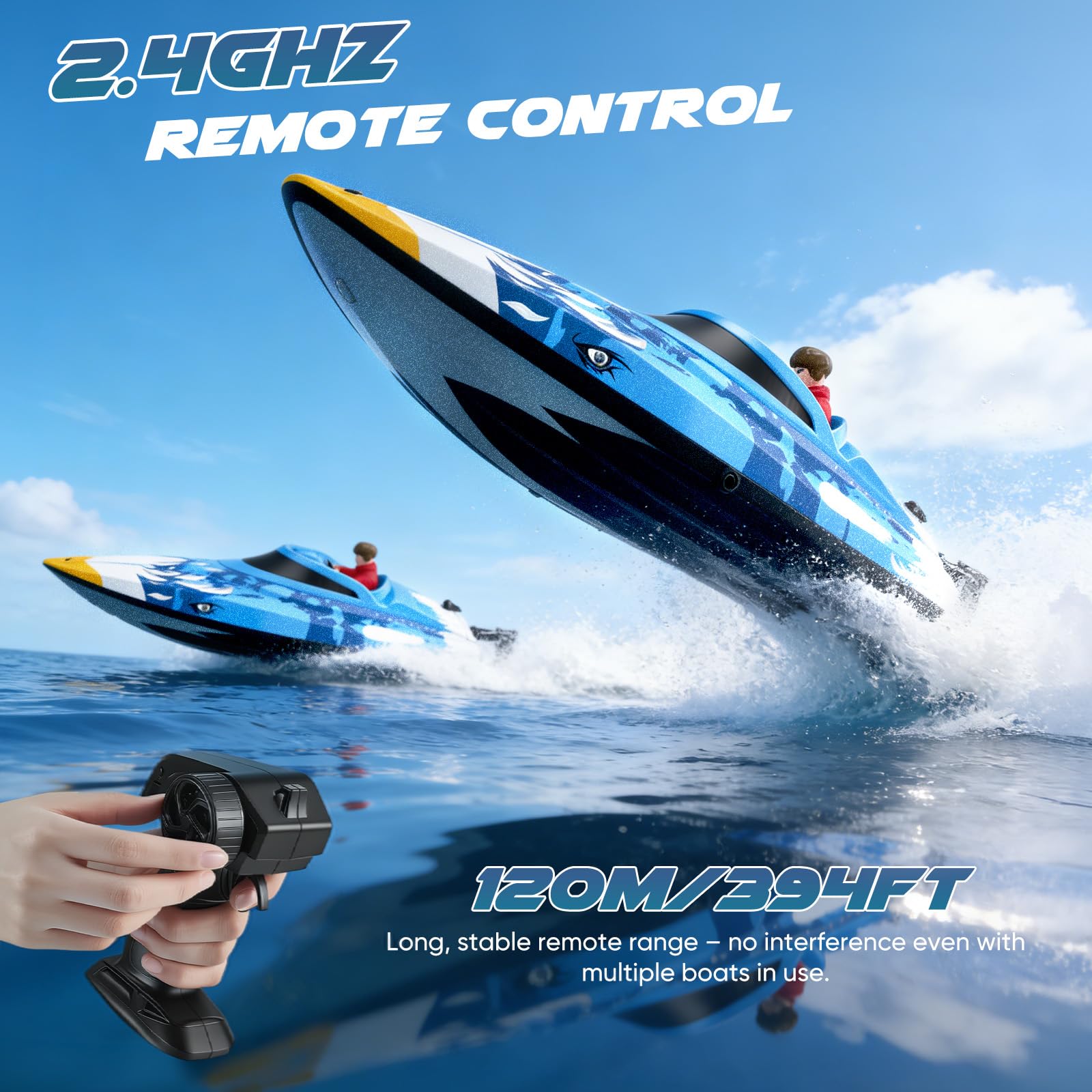 Barca RC telecomandata 25 km/h Telecomando a 2,4 GHz con portata di 120 m Motoscafo impermeabile con LED e funzione di ribaltamento 2 batterie e raffreddamento ad acqua per piscina, lago, blu