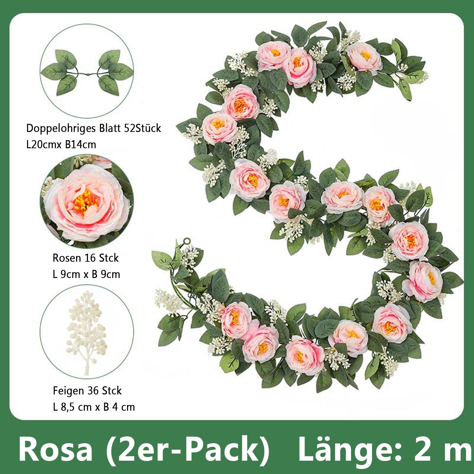 Lot de 2 guirlandes de roses artificielles, 2 m, décoration en soie, fausses roses, 340 g, pour arche de mariage, arche de porte, décoration (rose)