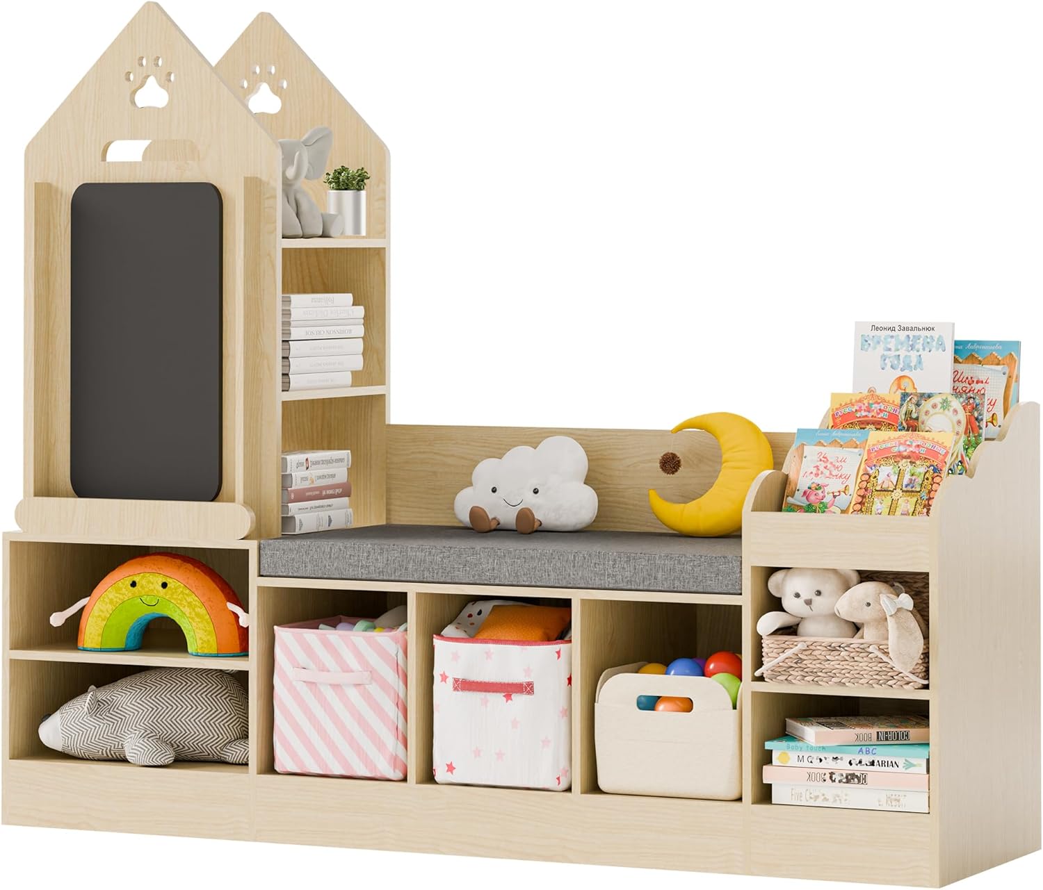 MU Kids Bookshelf with Reading Nook, Wooden Toy Storage Organizer with Chalkboard and Bench, Kids Reading Nook for Boys & Girls, Toddler Toy Shelf for Bedroom, Nursery, Playroom, Natural Oak - Image 8