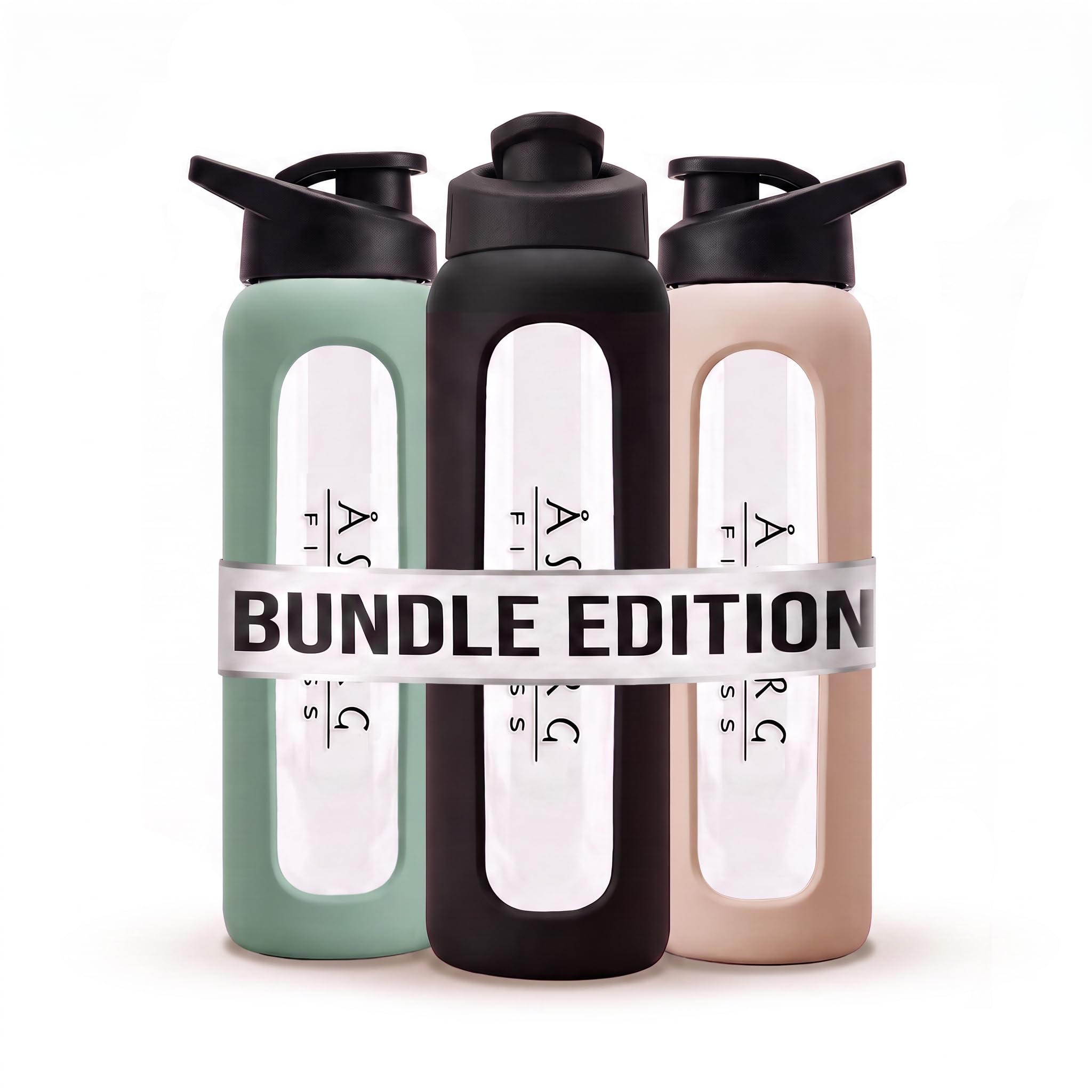 Fitness - 3er Bundle Proteinshaker aus Glas – Schwarz, Pastellgrün & Beige – BPA-frei, geschmacksneutral - mit Spiralball