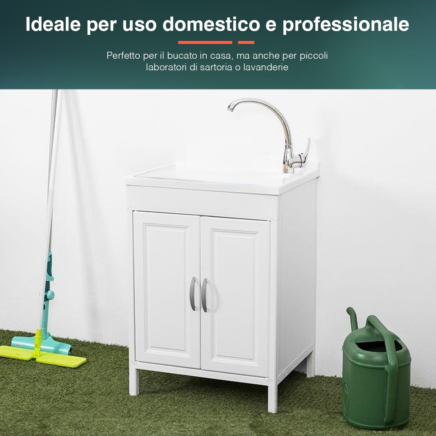 Avilia Lavadero para lavar a mano – Lavabo de doble puerta, con kit de sifones, para uso interior y exterior, de resina, 60 x 50 cm, blanco
