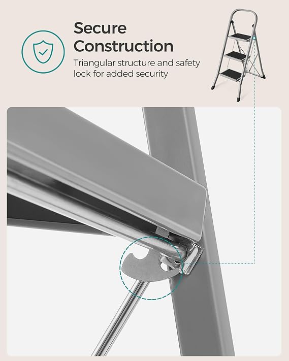 SONGMICS Step Ladder, 3-Step Ladder, Folding Ladder, Safety Lock, Space-Saving Storage, Holds up to 150 kg, Dove Grey GSL003GY01
