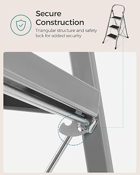 SONGMICS Step Ladder, 3-Step Ladder, Folding Ladder, Safety Lock, Space-Saving Storage, Holds up to 150 kg, Dove Grey GSL003GY01
