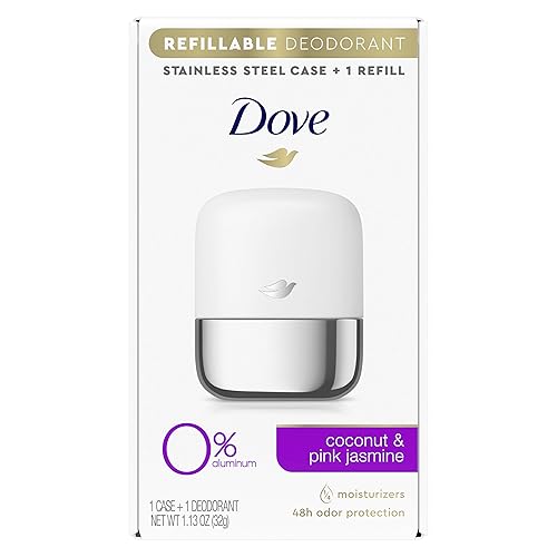 Dove Kit de inicio de desodorante recargable 0% aluminio coco y jazmín rosa desodorante libre de aluminio 1.13 oz