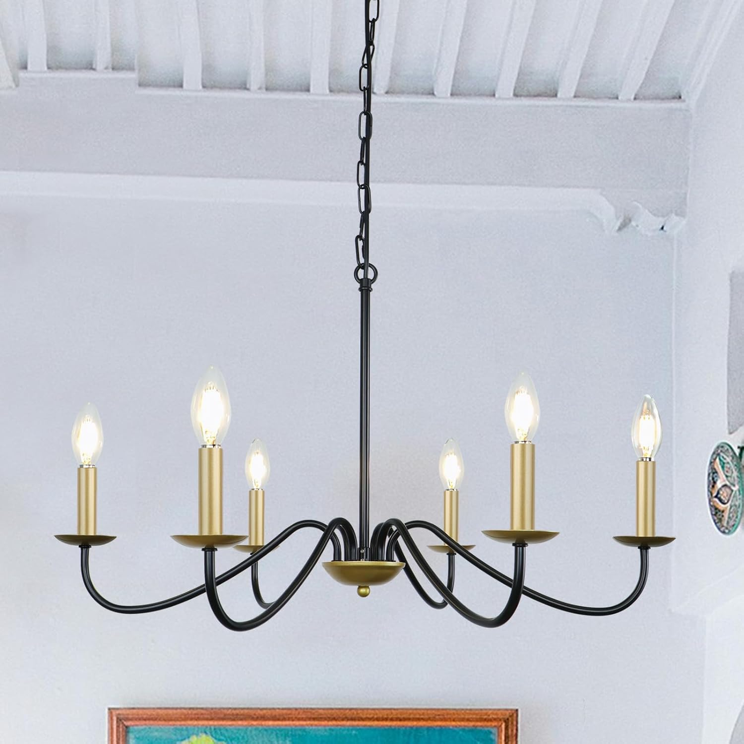 6-Light Black & Gold Chandelier Modern Farmhouse Pendant Light Fixture Industrial Candle Ceiling Light for Dining Room, Bedroom, Foyer, Hall, Kitchen and Entryway