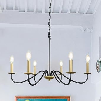 6-Light Black & Gold Chandelier Modern Farmhouse Pendant Light Fixture Industrial Candle Ceiling Light for Dining Room, Bedroom, Foyer, Hall, Kitchen and Entryway