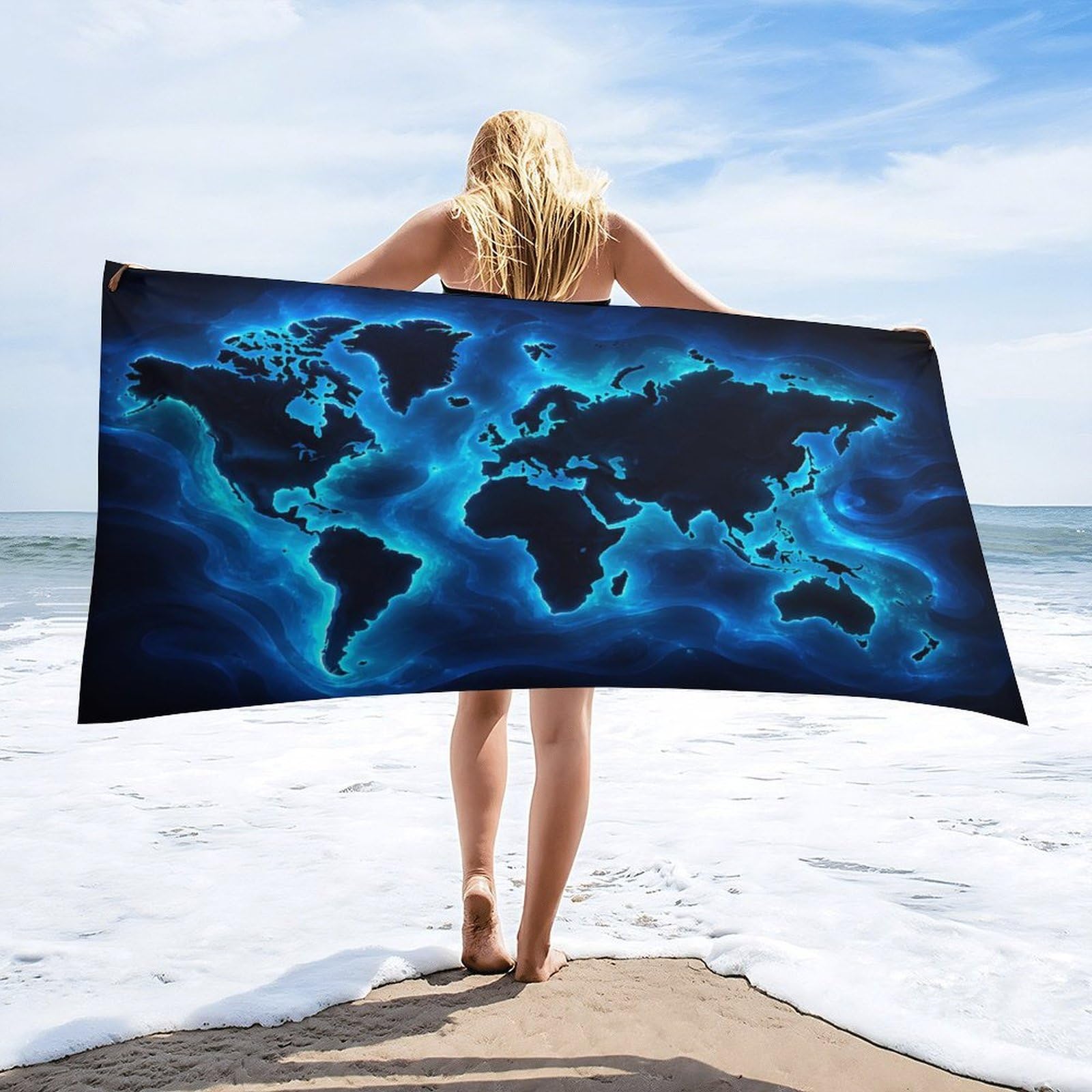 Anceky Glowing World Map Blue Ocean Beach Towel 30"×60",Soft Microfiber Bath Towel Shawl, Quick Dry Absorbent Pool Spa Gym Shower Towel