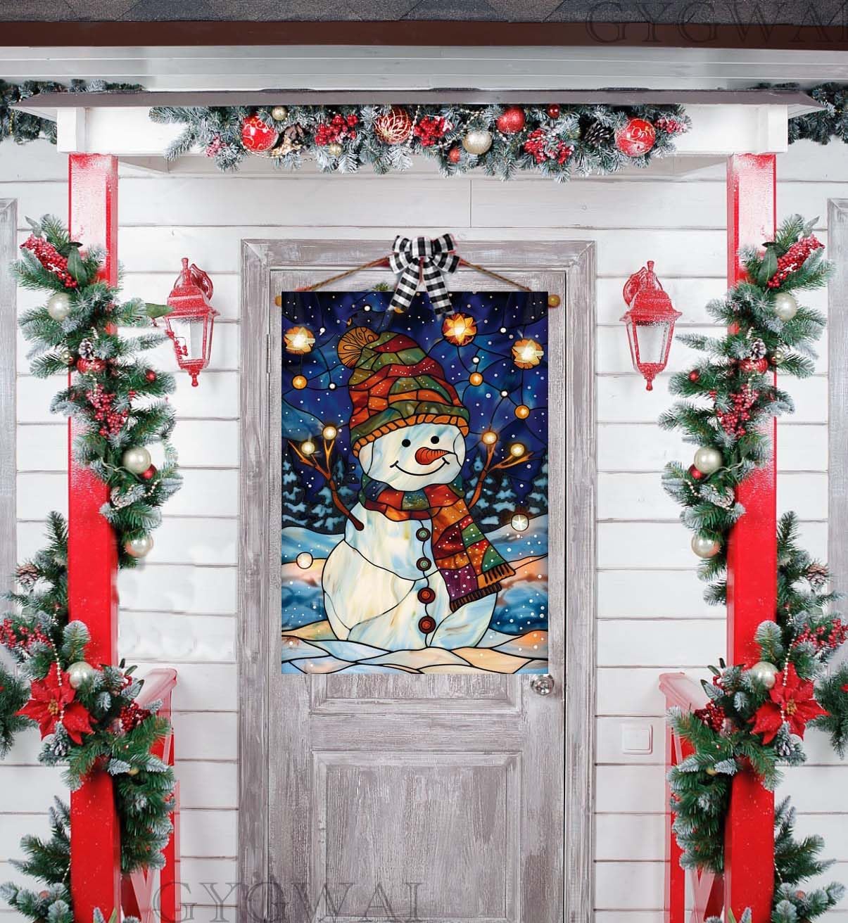 Snowman House Flag Christmas Flags for Outside 28x40 Double Sided Large Stained Glass Winter Outdoor Yard Flag for Outdoor Porch Lawn Farmhouse Decor - Image 3