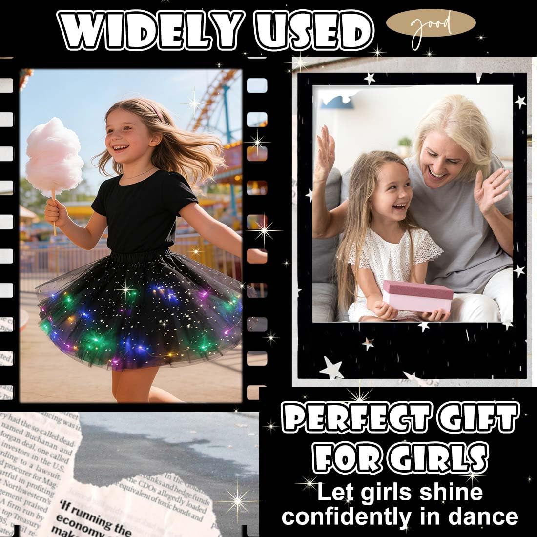 1 Pièce Jupe en Tulle pour Femmes, Robe Danse à Paillettes étoilées, Mini-Ju pe Extensible avec Lumières LED, J upe Tutu pour Adultes, Robe de Danse pour Adolescentes Carnaval Ballet