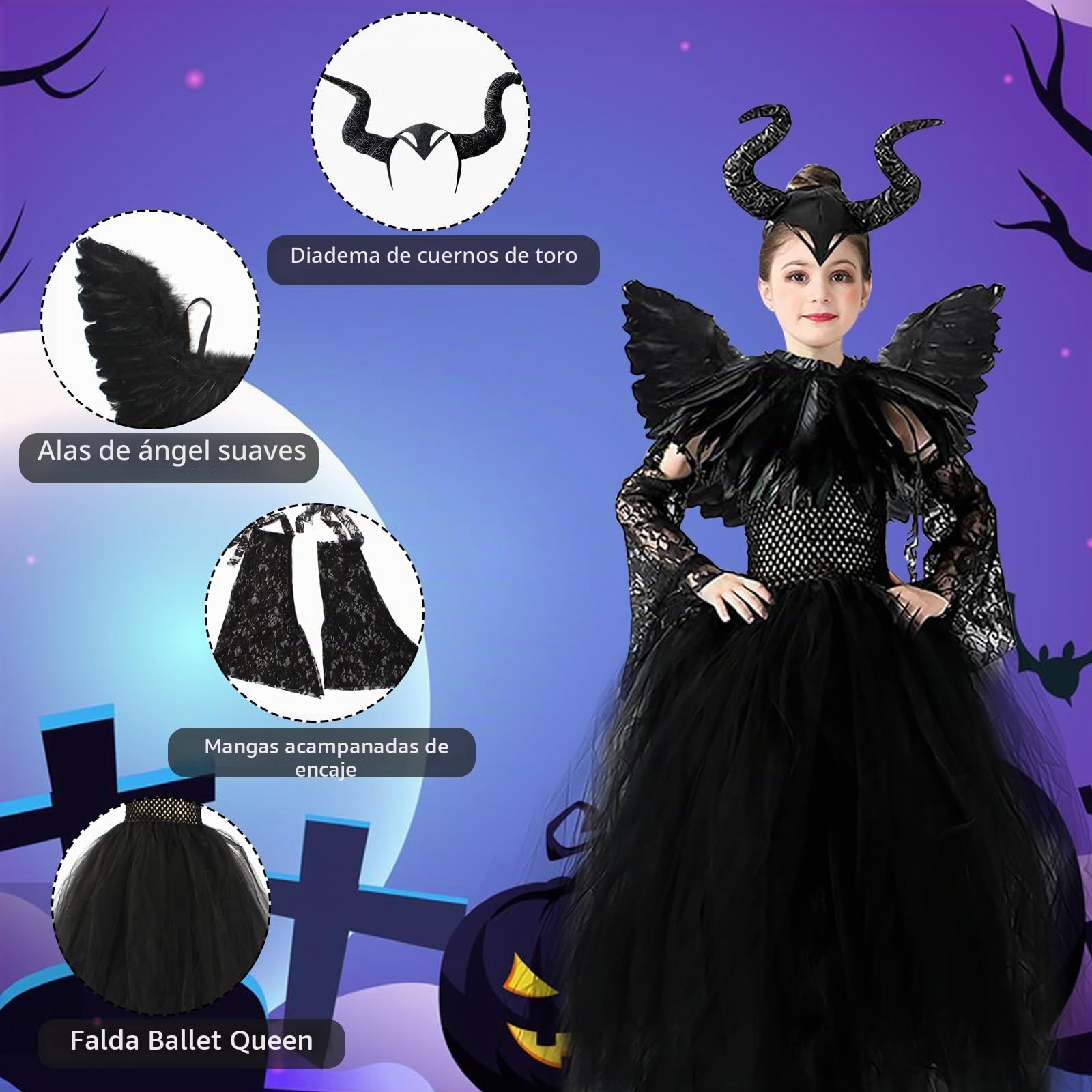 Disfraz de Malefica para Niña de Halloween: Reina Bruja Malvada Vestido Maléfica para Niños con Tocado de Cuernos y Capa de Alas Negras para Halloween Carnaval Cosplay Fiesta Traje