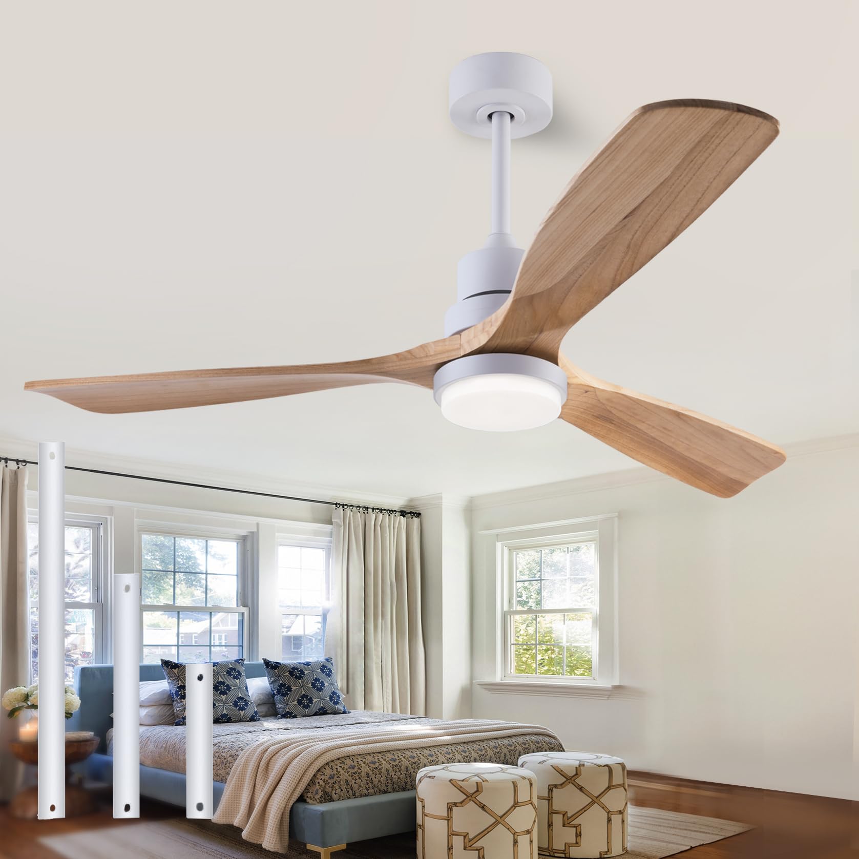 QUTWOB 48" Wood Ceiling Fan with Light and Remote Control, Indoor Outdoor Wooden 3 Blades Ceiling Fan for Patio Living Room, Bedroom, Office,Reversible DC Motor(White + Raw wood)
