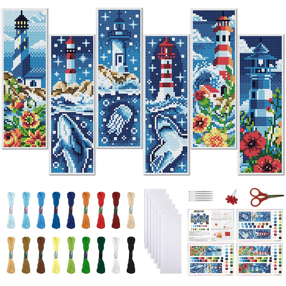 FREEBLOSS 6 Sets 11CT Cross Stitch Bookmark Kit for Adult Beginners Lighthouse Pattern Stamped Cross Stitch Kits Embroidery Bookmarks Kit with Instructions DIY Crossstitch Kits for Gift 8x2.4inch