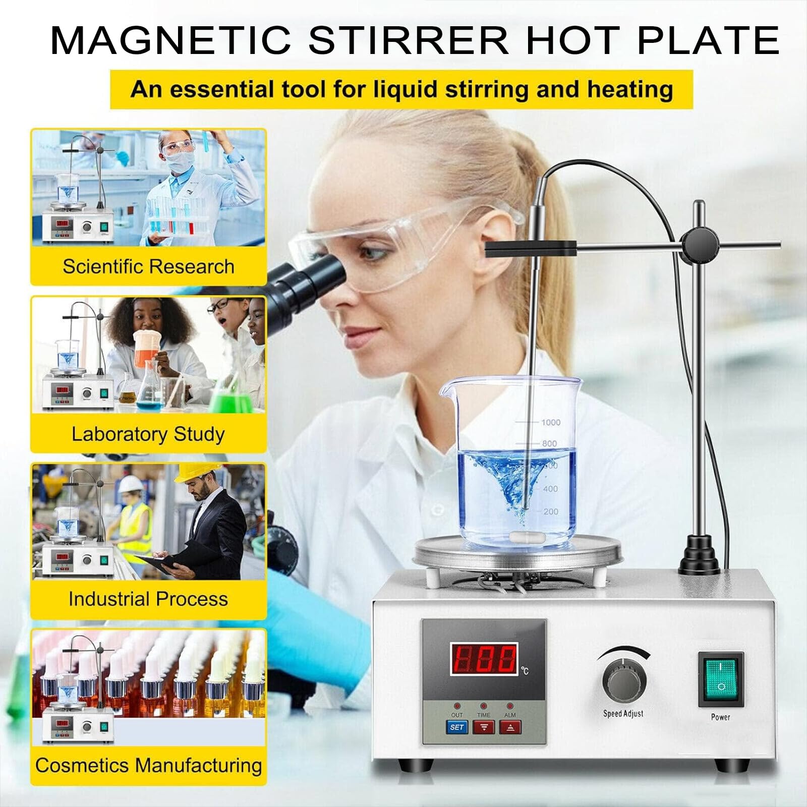 Placa Calefactora con Agitador Magnético, Agitador De Laboratorio con Pantalla Digital LED, Temperatura Constante/bajo Ruido/Ajuste De Velocidad: 0-2400 RPM, Adecuado para Campo Bioquímico