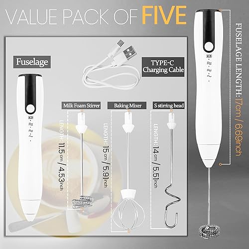 Miniatura 2 de Espumador de leche de mano USB-C recargable mezclador de espuma de bebida eléctrico con 3 cabezales, 3 velocidades ajustables, mini espumador de