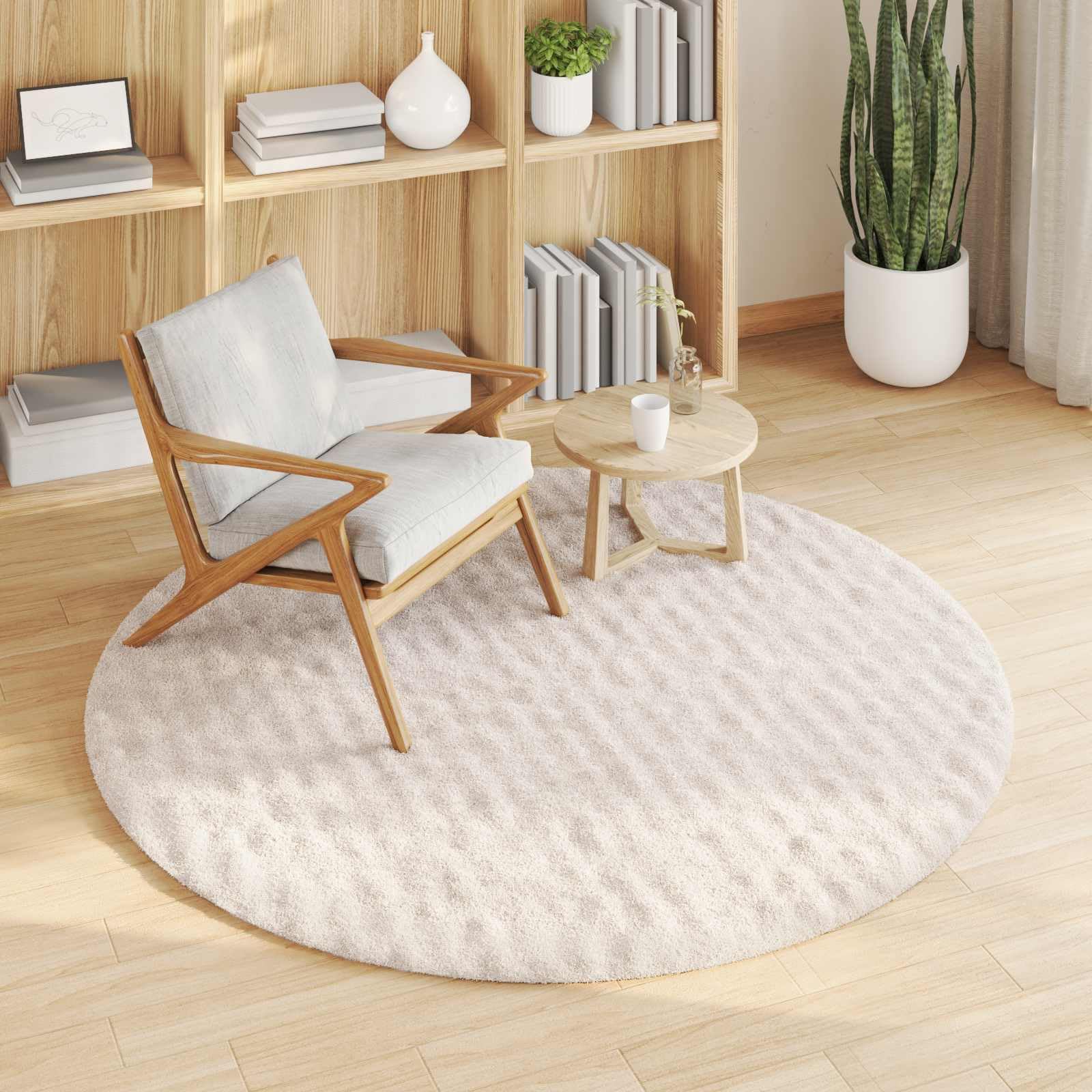 Tappeto rotondo Sirolo, per soggiorno, camera da letto, corridoio e sala da pranzo, morbido, lavabile, antiscivolo, a pelo medio, 160 cm, beige