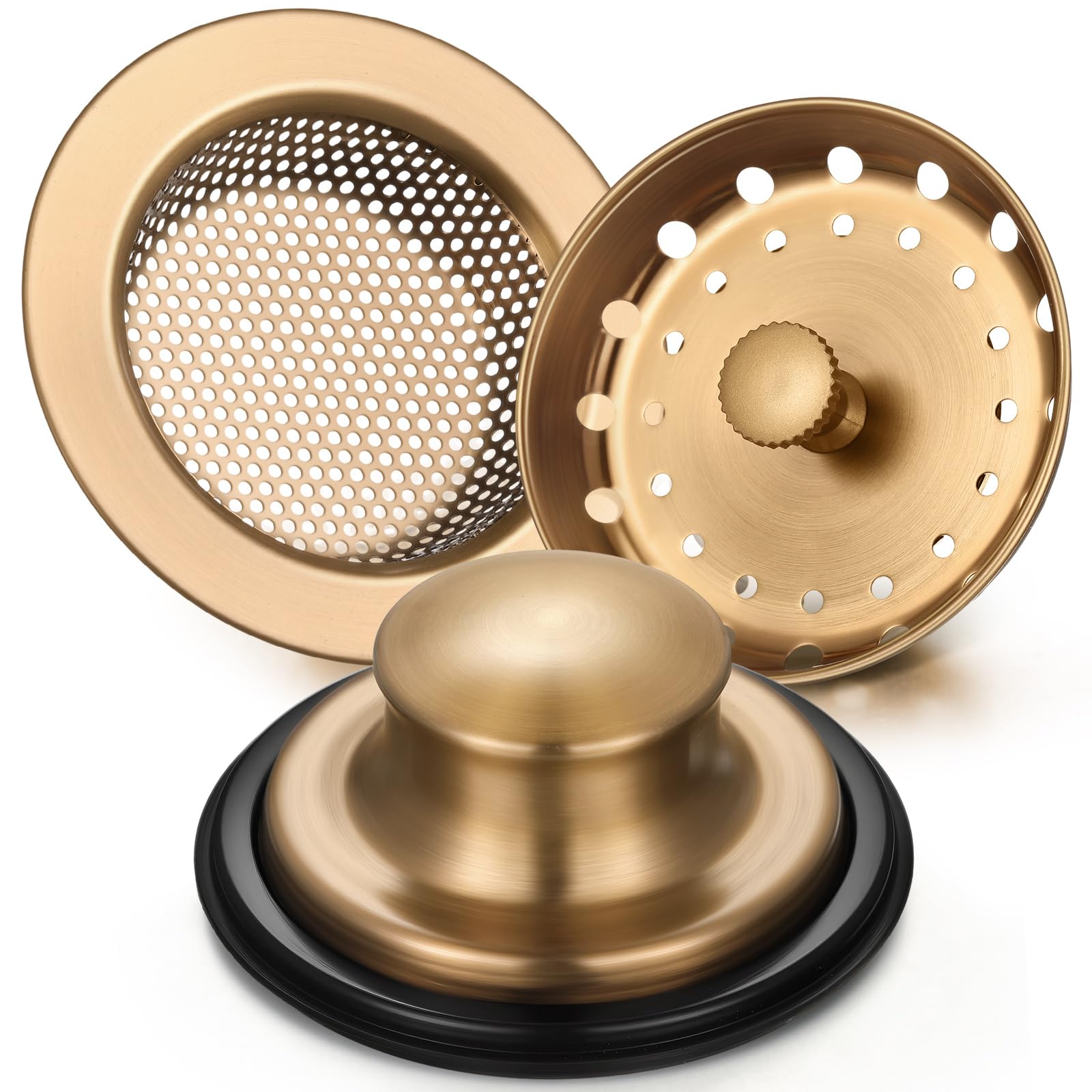 Mudder 3 Pcs Kitchen Sink Drain Strainer and Stopper Stainless Steel Garbage Disposal Plug with Handle Universal Anti-Clogging Kitchen Sink Filter Sieve Basket Strainer (Champagne Bronze)