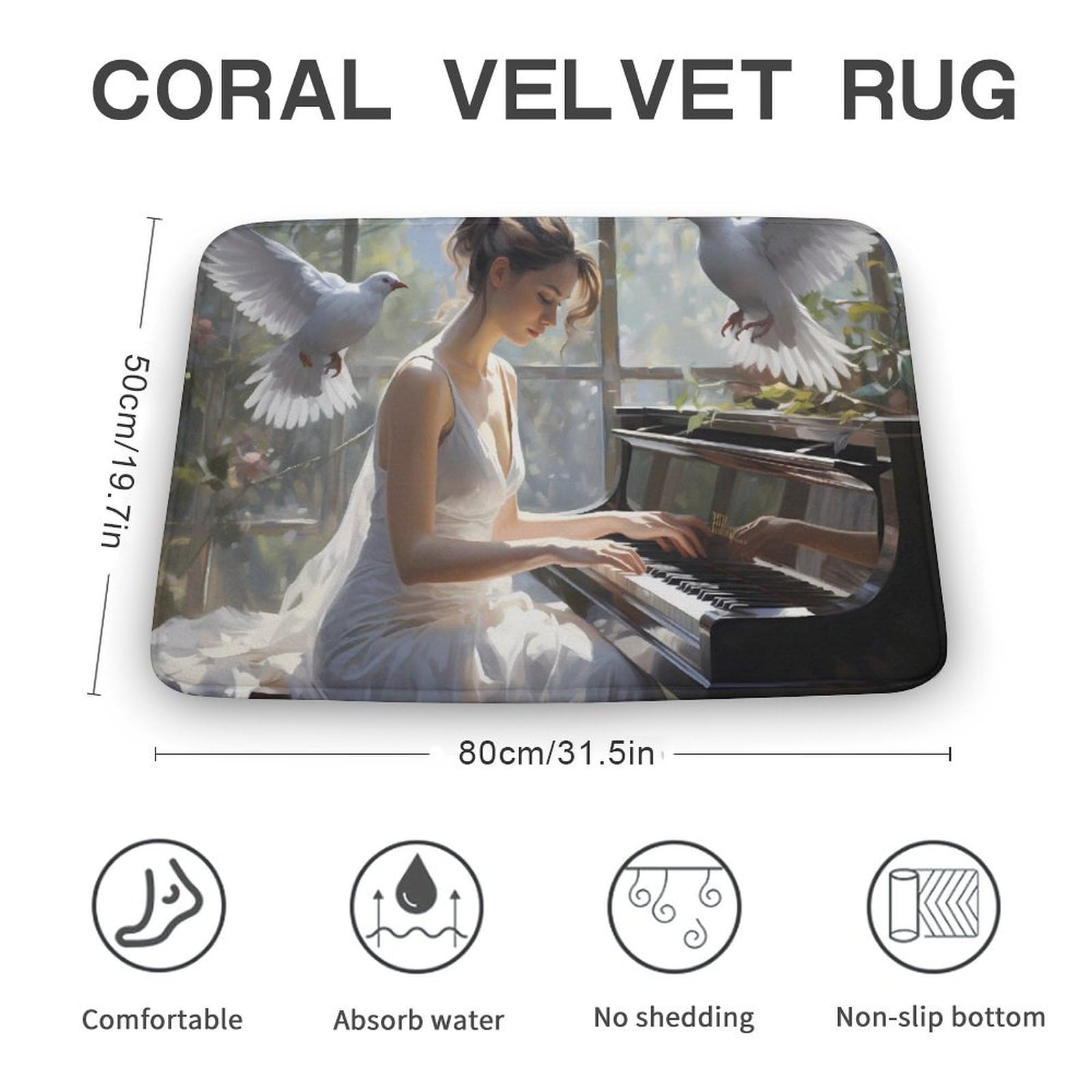 White Dove Women Playing Piano Coral Velvet Rugs Non-Slip Bathroom Rugs Soft Kitchen Rug Floor Carpet for Home Decor 19.7