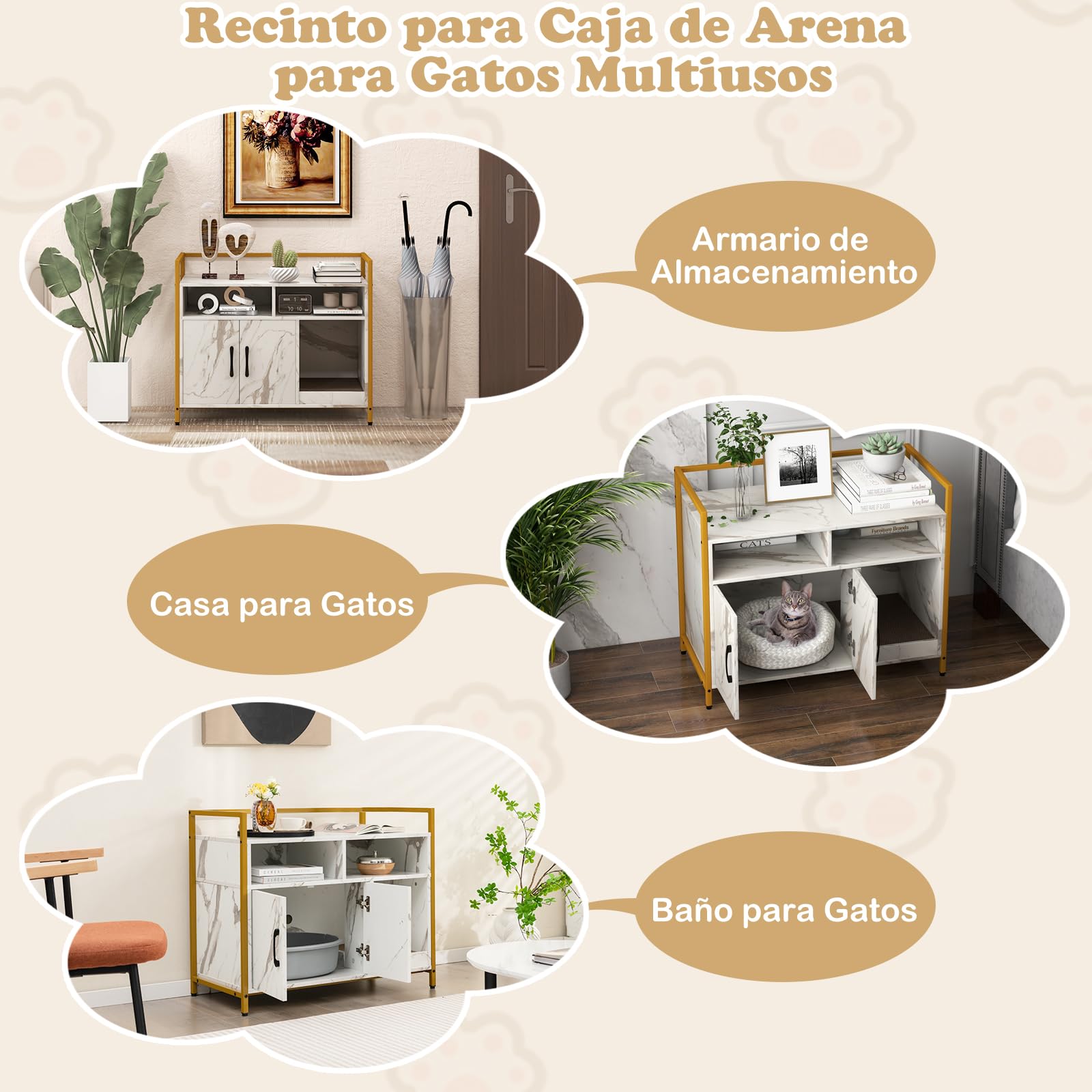 GOPLUS Mueble Arenero para Gatos, Caja de Arena para Gato con Estructura de Metal, Aseo Cerrado con Estantes, Casa de Mascotas Interior, Lavabo Oculto para Mascota, 89 x 45 x 74,5 cm (Mármol)