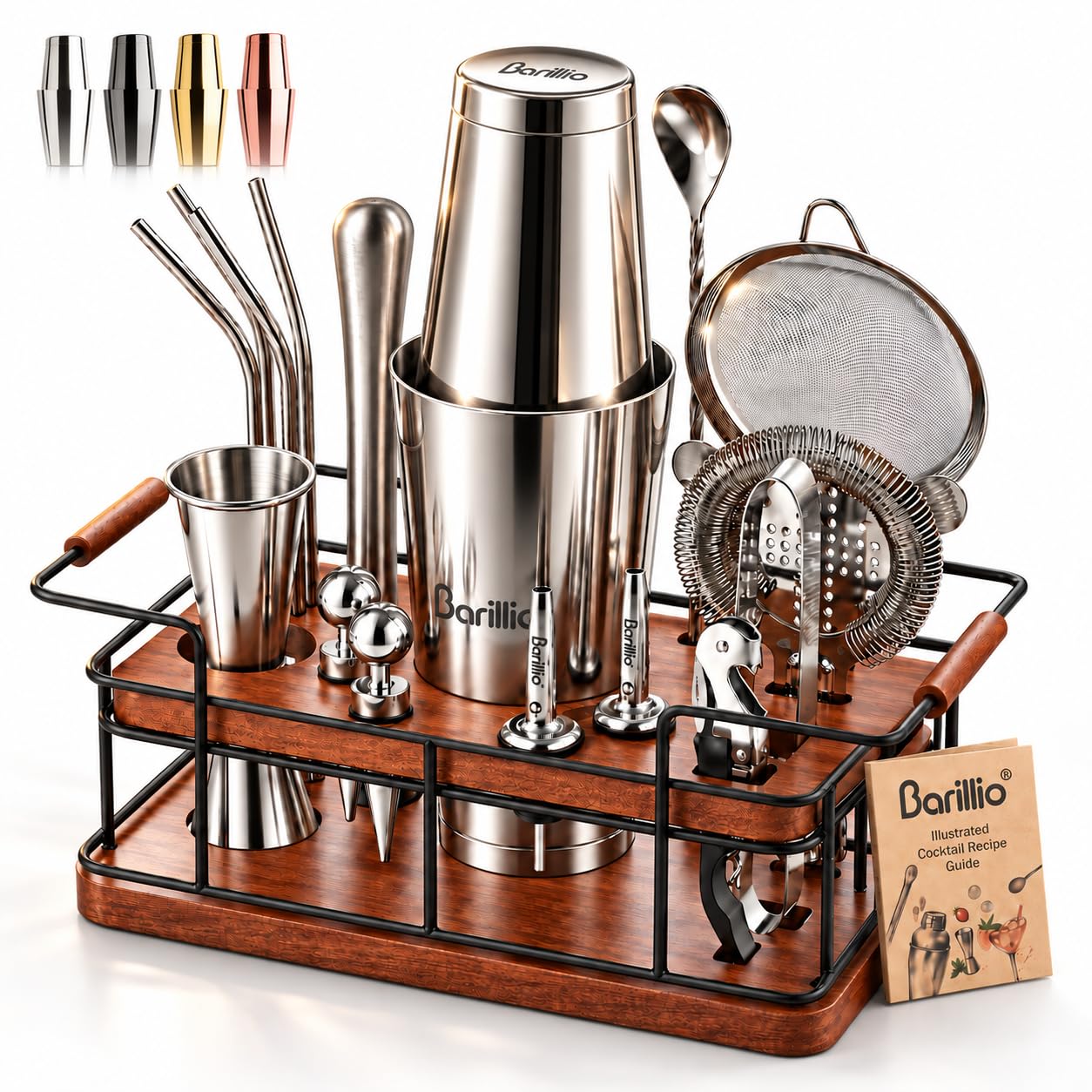 Barillio Bartender Kit – 23-Piece Stainless-Steel Cocktail Shaker Set with Premium African Mahogany Stand | Martini Barware Mixing Tools for Home Bartending | Gift Set
