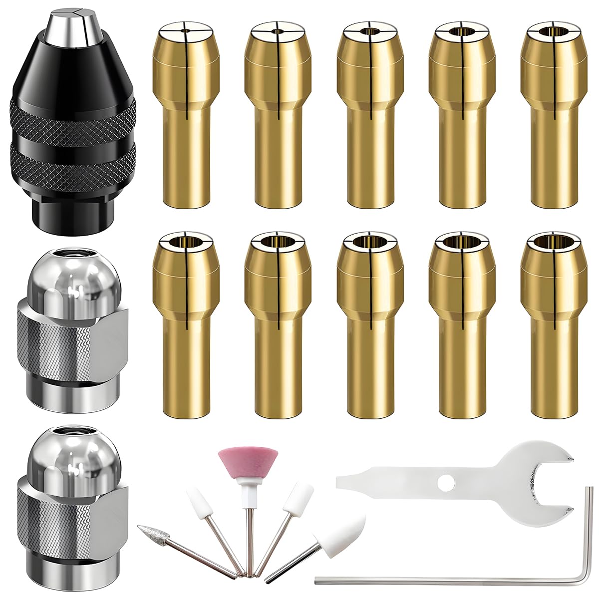 ZHUROUPU 4486 ドリルチャックコレットセット、17PCS forドレメル用回転工具クイックチェンジチャックアクセサリー、0.8-3.2mm 1/32-1/8-inシャンク交換、4485 真鍮コレットメタルナットキット カーボンブラシ付き
