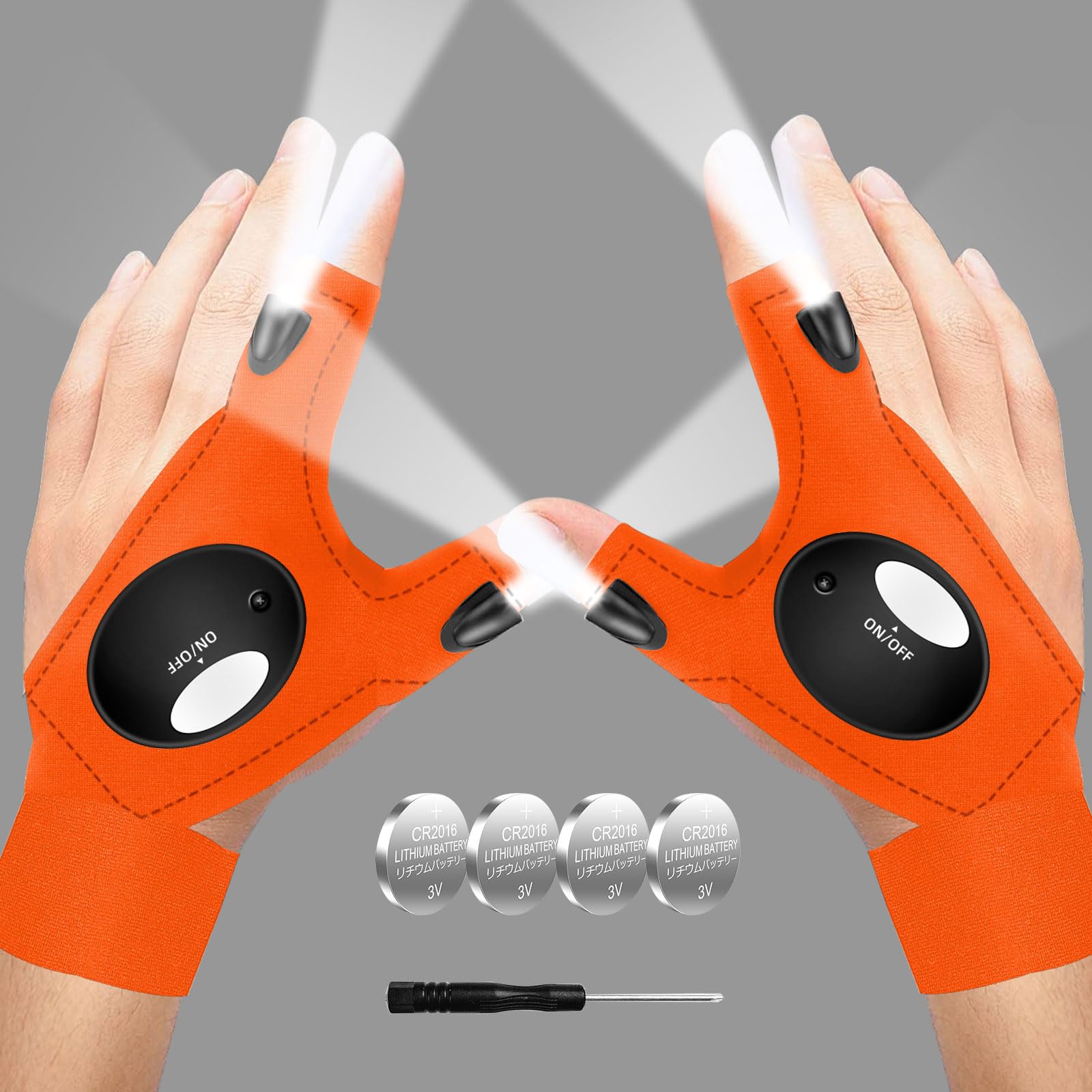 MOIPEJO LED Flashlight Gloves, Gifts for Men Dad Him Boyfriend Husband, Cool Gadget Hands-Free Finger Lights for Camping Fishing Repairing, Fathers Day Christmas Birthday Gift-Orange