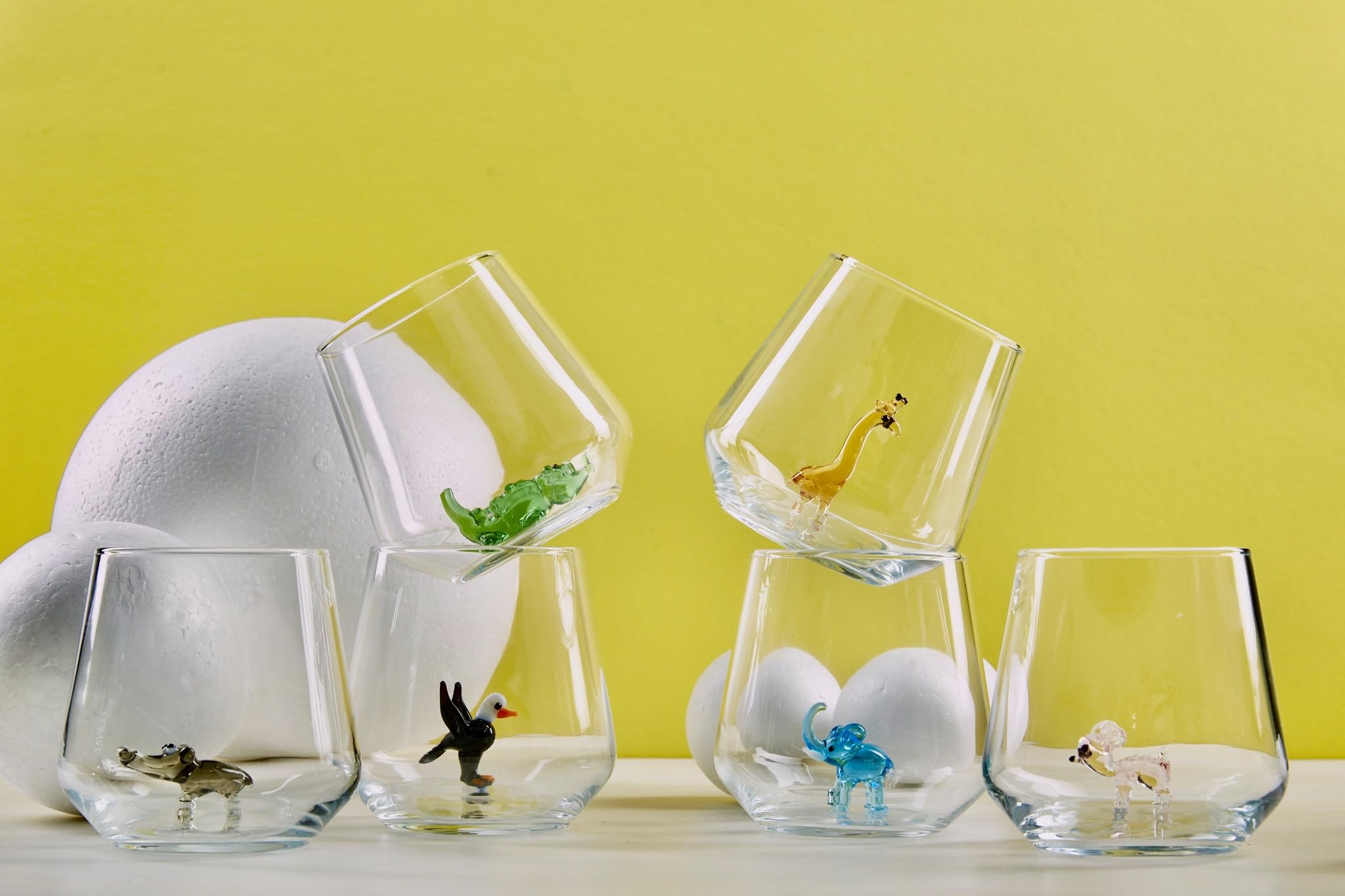 Verre à Eau | Gobelets | Lot de 6 | 345cc | Série de Safari | Fête | Cadeaux de Noël | Figurines en Verre de Murano pour la décoration intérieur