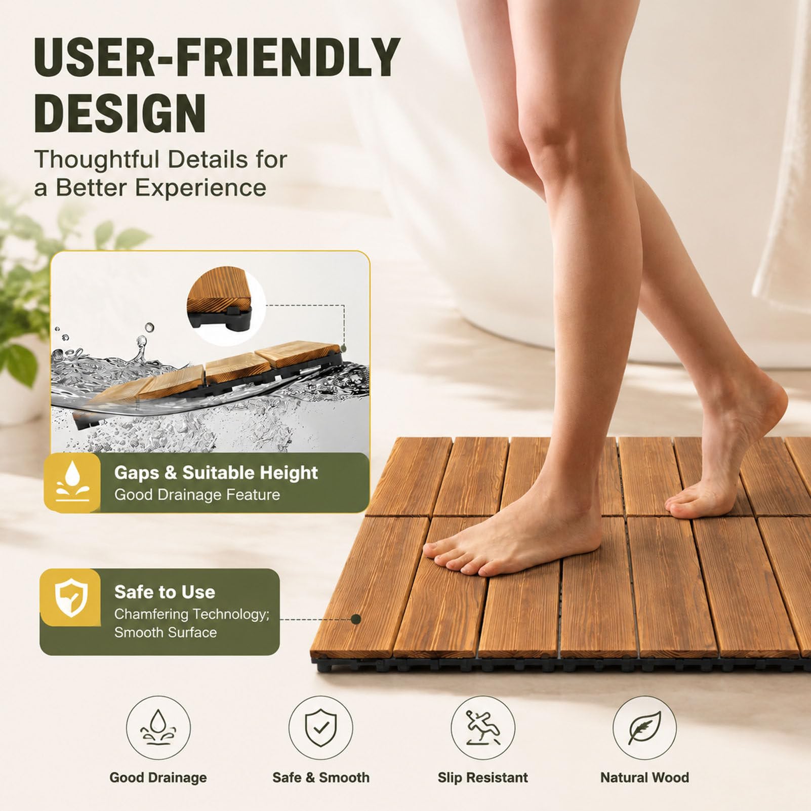 Piastrelle per pavimentazione in Legno di Acacia con Base in PE 12-Slat-33pc | Pavimentazione a incastro 30x30 cm con sistema "click"; piastrelle in legno antiscivolo per esterni (giardini e terrazzi)