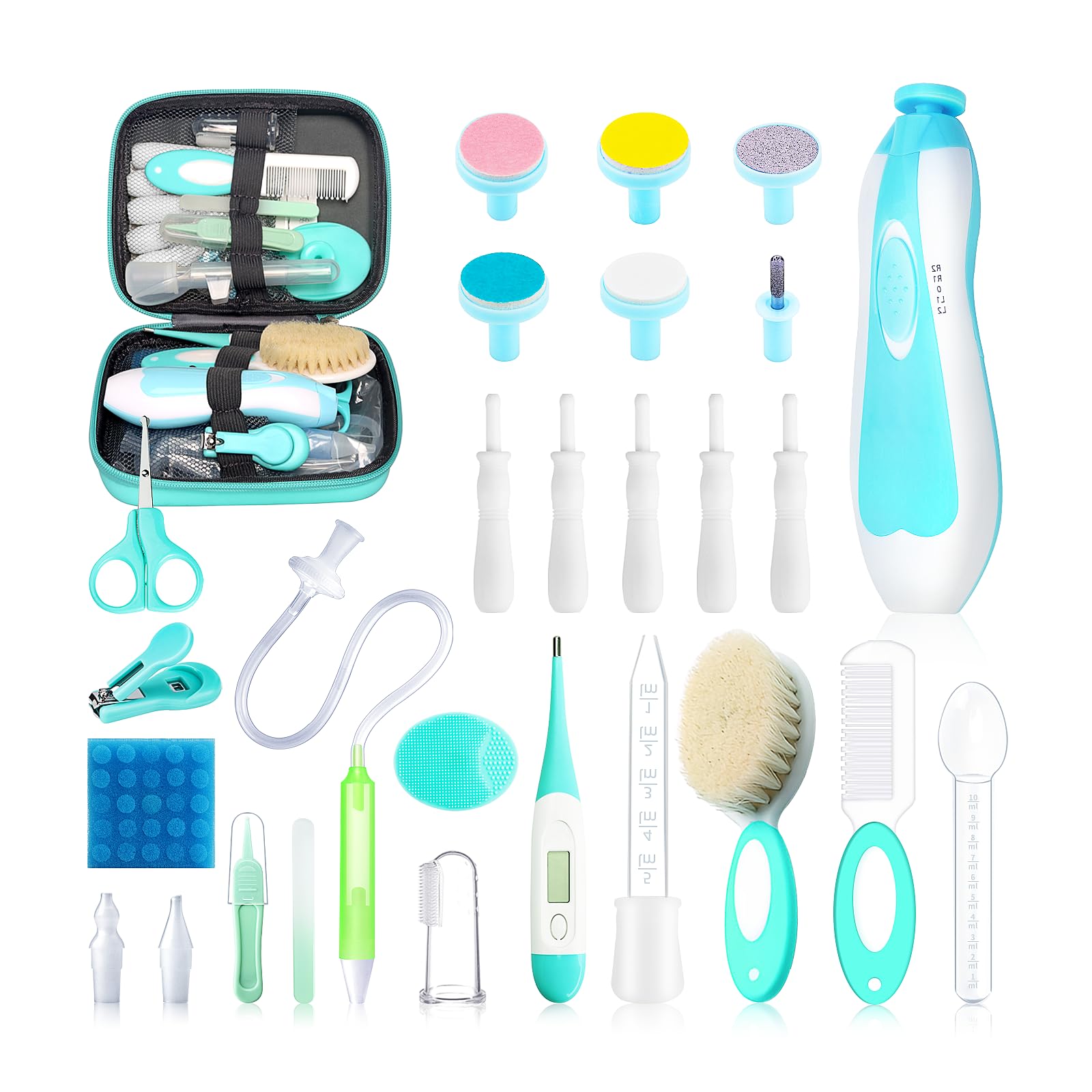 Baby Healthcare and Grooming Kit, 28 in 1 Portable Baby Essentials Kit Electric Nail Trimmer Set with Gas Relief Hair Brush Comb Nasal Aspirator for