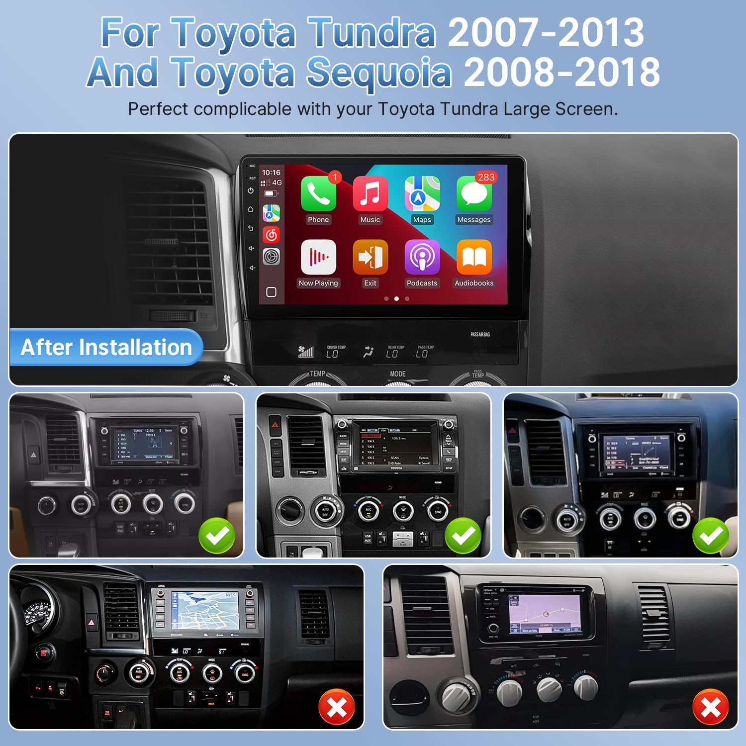 Android 12 Car Stereo for Toyota Tundra 2007-2013 Sequoia 2008-2018 with Wireless CarPlay Android Auto, 10.1 Inch Touch Screen with GPS Navigation Bluetooth WiFi Backup Camera, Fit Large Screen