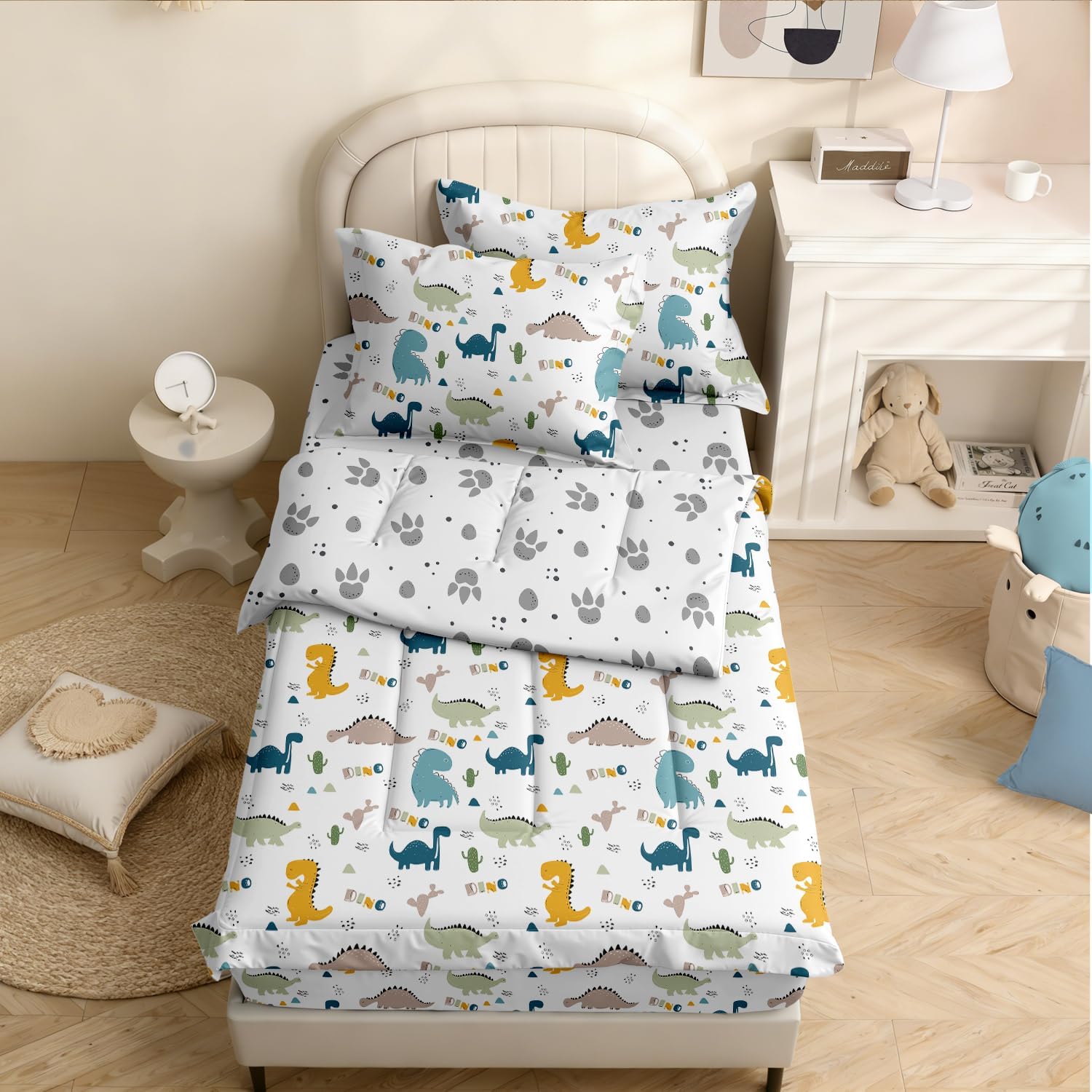 Kids Comforter Set,Zipper Bedding Twin for Boys,Dinosaurs Printed Comforter Set with Paw Fitted Sheets and Pillowcases for All Season(Dinosaurs Twin)