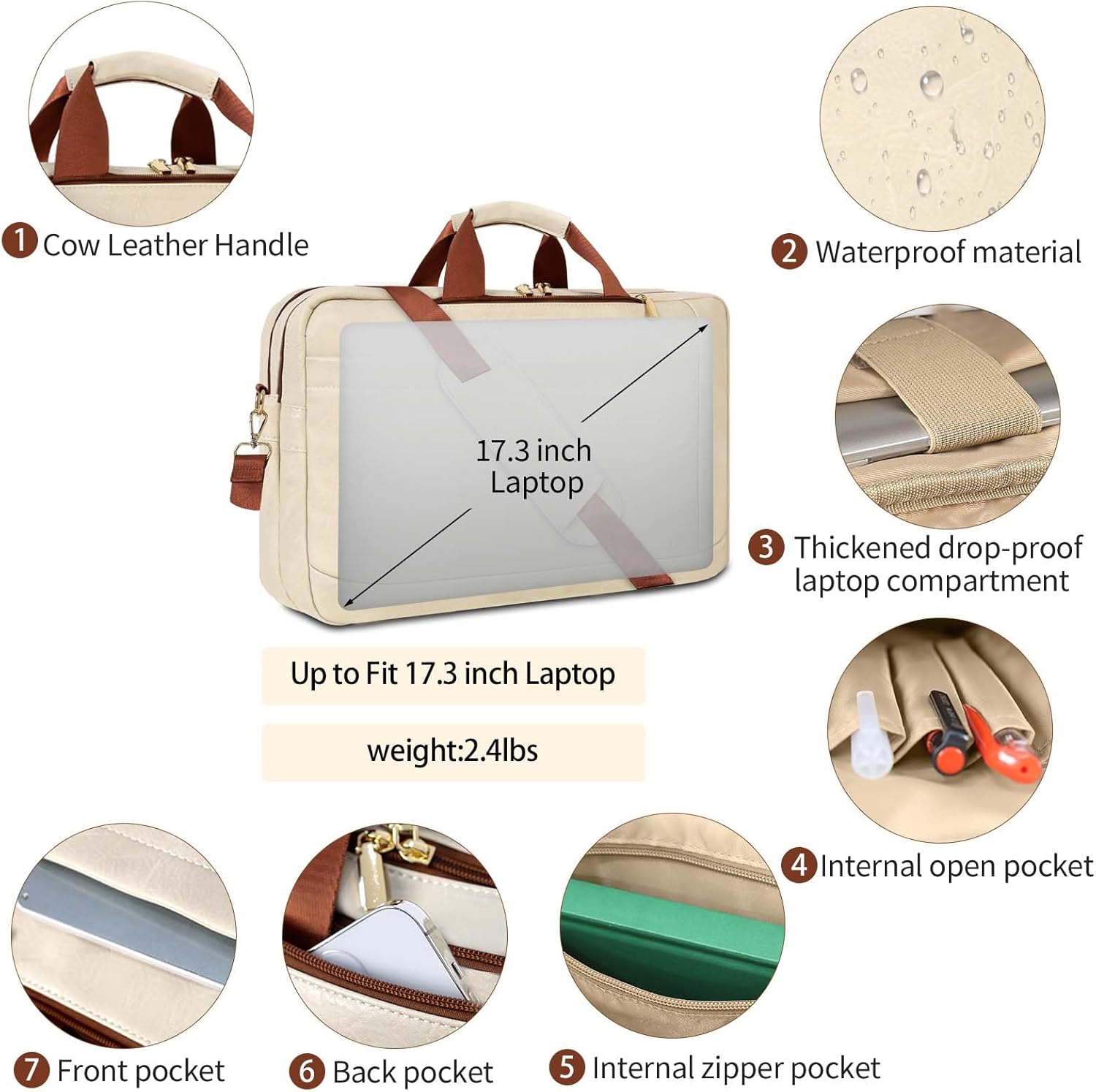 Stuery Faux Leather Messenger Bag for Men 17-17.3 Inch: Laptop Bag Briefcase Computer Handbags Shoulder Crossbody Bag with Padded Laptop Sleeve for Work College Travel, Beige White