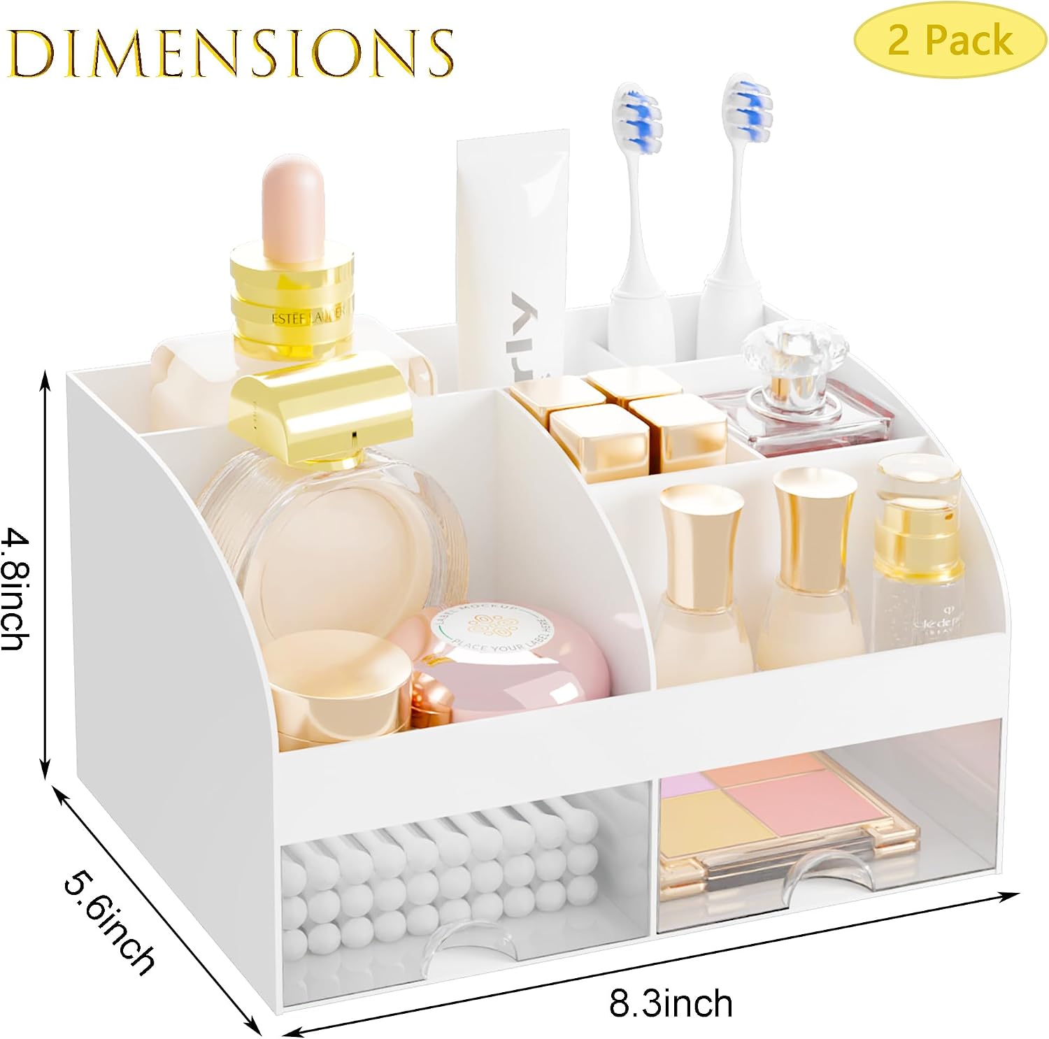Makeup Organizer with 2 Drawers, Cosmetic Storage for Dresser Vanity and Bathroom Countertop,Make up organization and Skincare Storage with Beauty Brush Holder, Cosmetic Display Case 2Pcs White image 3