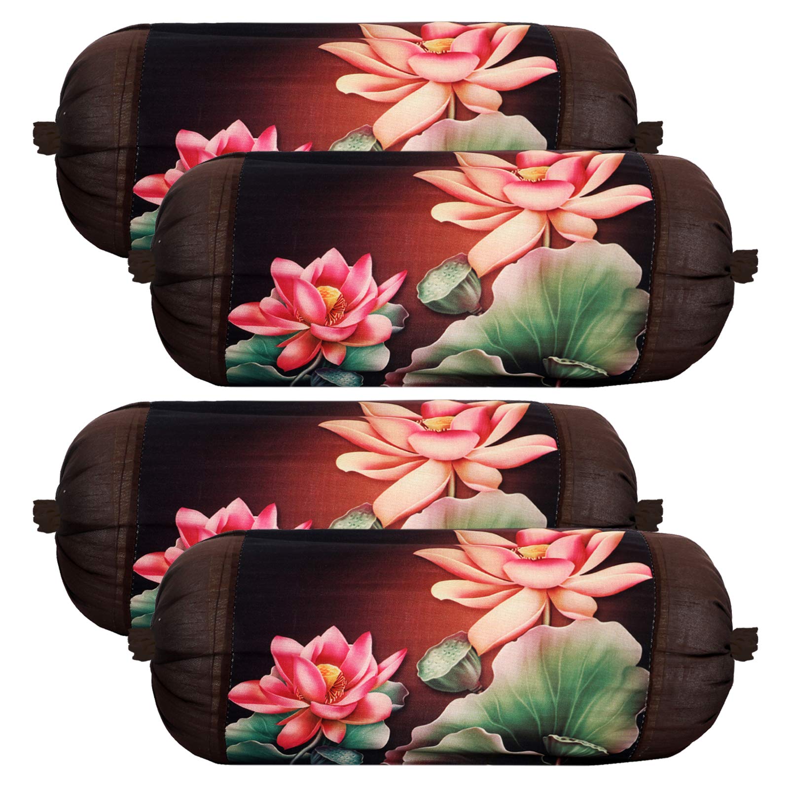 Kuber Industries Flower Design Cotton 4 Pieces Bolster Cover Set (Brown)