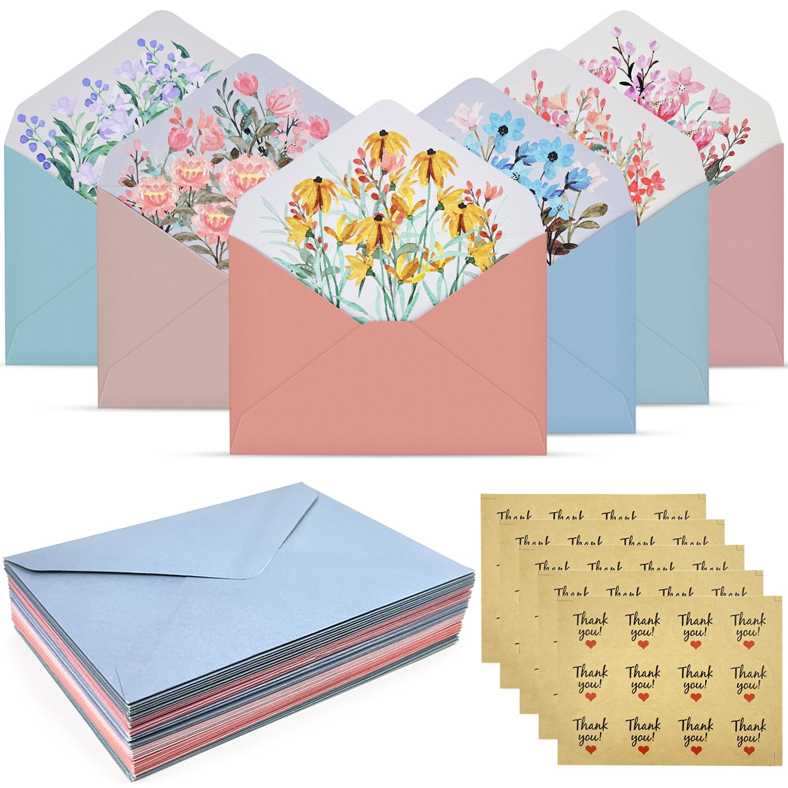 GZjiyu 48 sobres multicolores para tarjetas de regalo de boda, tarjetas de felicitación, cumpleaños, fiestas, tarjetas de invitación con 5 pegatinas