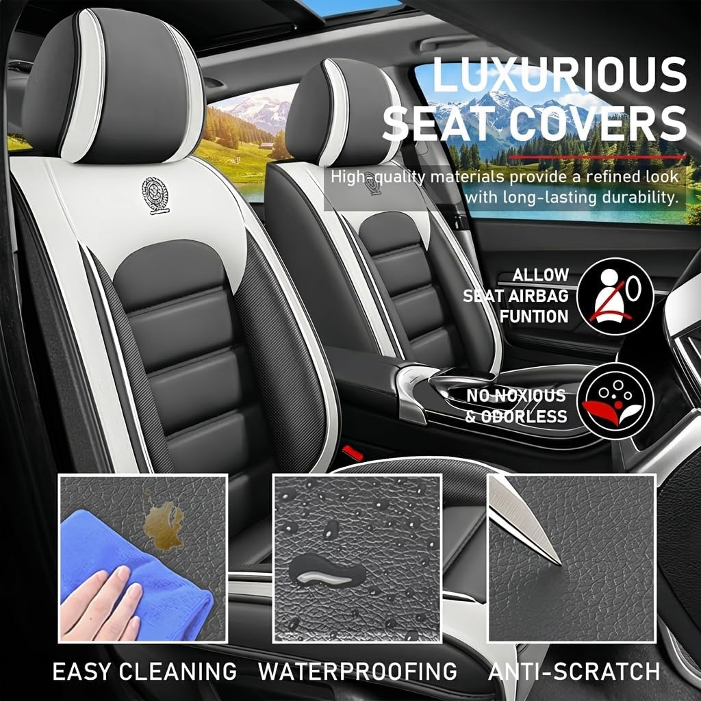 Custom Fit 7 Seat Car Seat Covers for Buick Enclave 2015-2026 Gray White Faux Leather Waterproof Automotive Seat Protectors Vehicle Specific Auto Interior Covers Airbag Compatible