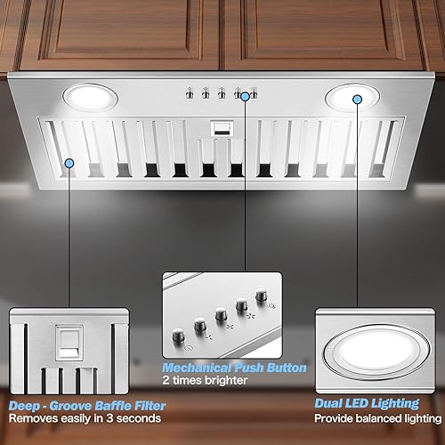 Miniatura 3 de Inserto de campana extractora de 20 pulgadas, 600 CFM, acero inoxidable, sin conductos, convertible, ultra silencioso, campana extractora de cocina