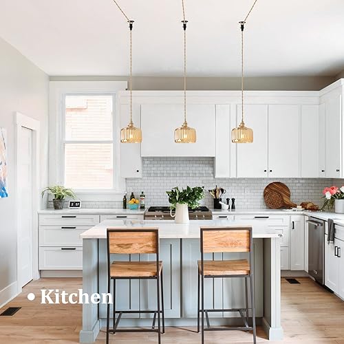 Miniatura 62 de Lámpara colgante con pantalla de cristal ámbar Scindapsus de cristal, lámpara colgante vintage de latón, luz colgante ajustable para cocina, isla