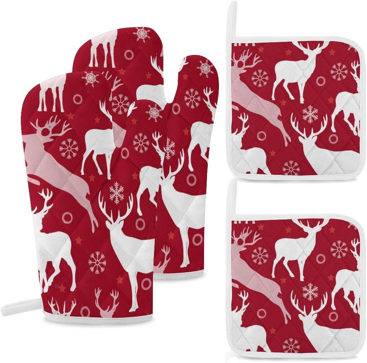 Christma Reindeer Oven Mitts and Pot Holders 4Pcs Set Heat Resistant Cooking Mitts Hot Pads