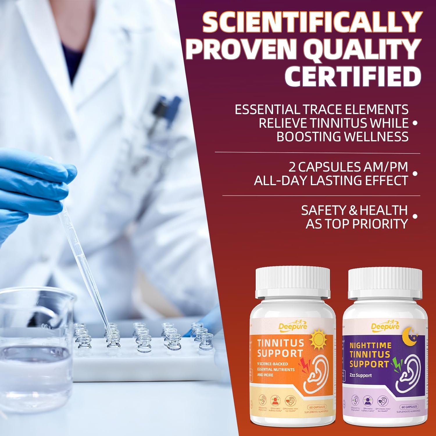 Deepure Tinnitus Auditory Support Capsules-Day & Night Formula with Magnesium Ginkgo and Ashwagandha for Focus,Sleep,Inner Ear Comfort Promote Quieter Mental Clarity Non-GMO Vegan Formula 120 Count