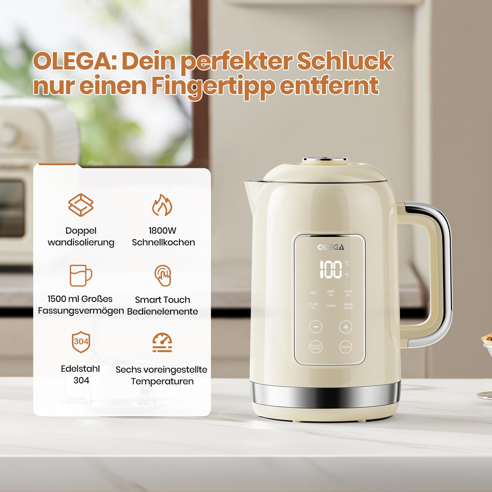 OLEGA Wasserkocher: 1800 W Wasserkocher mit Temperaturregelung, 1,5 l Fassungsvermögen, Edelstahl, Smart Kettle, ideal für Kaffee und Tee, Beige